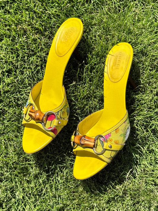 Gucci Yellow Leather Flora Canvas Bamboo Horsebit Mules
