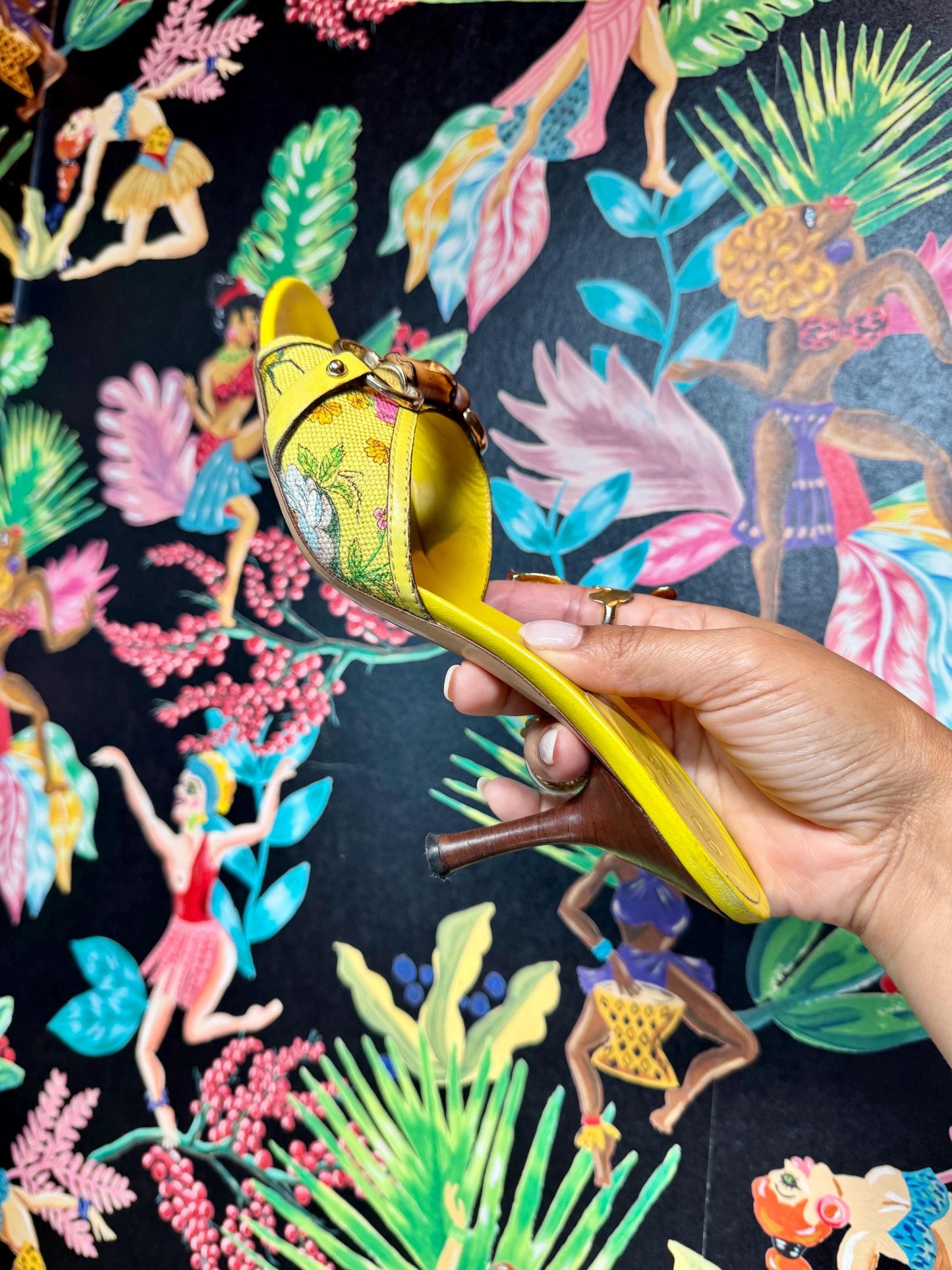 Gucci Yellow Leather Flora Canvas Bamboo Horsebit Mules