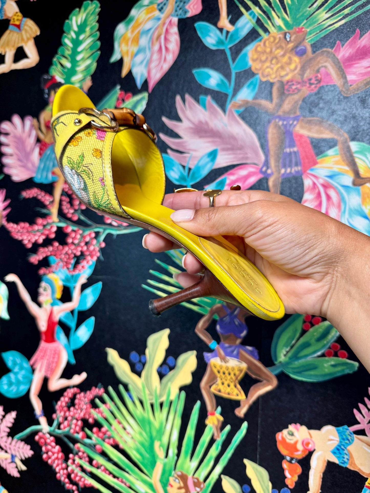 Gucci Yellow Leather Flora Canvas Bamboo Horsebit Mules