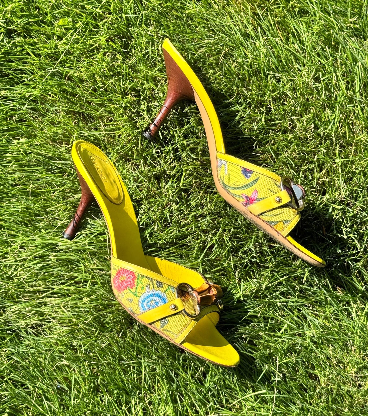 Gucci Yellow Leather Flora Canvas Bamboo Horsebit Mules