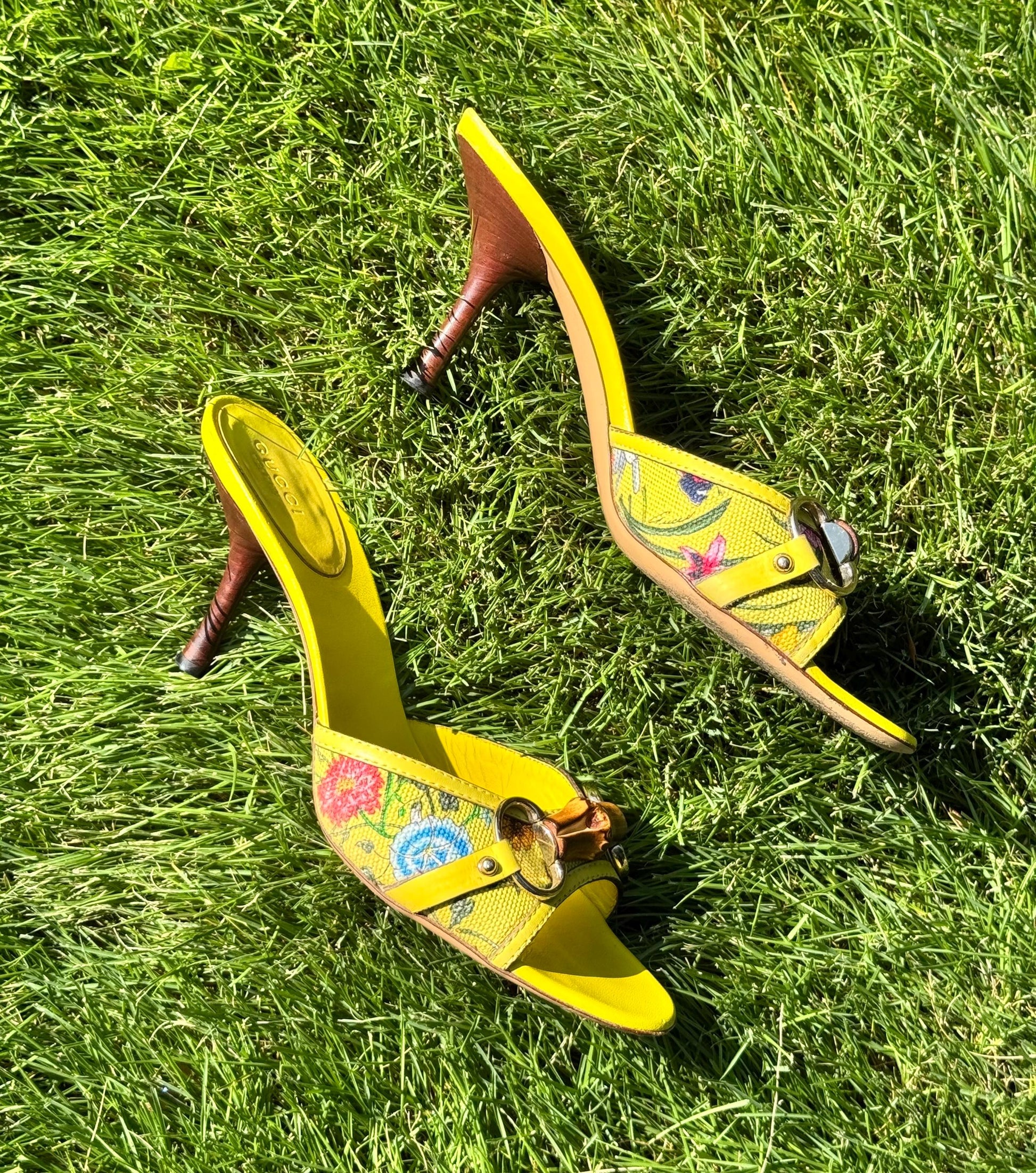 Gucci Yellow Leather Flora Canvas Bamboo Horsebit Mules