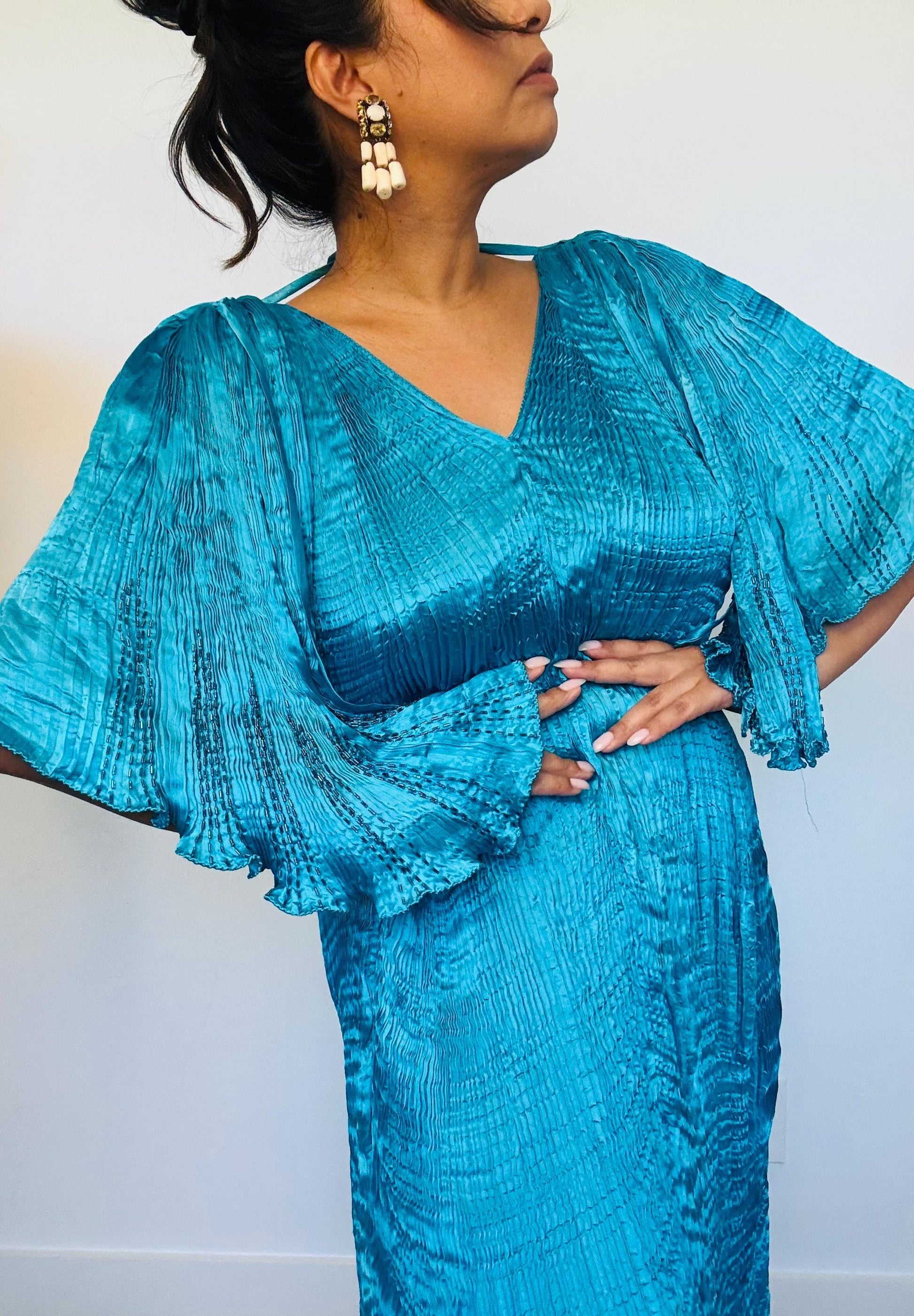 Vintage 80s Patricia Lester Silk Pleated Caftan Dress