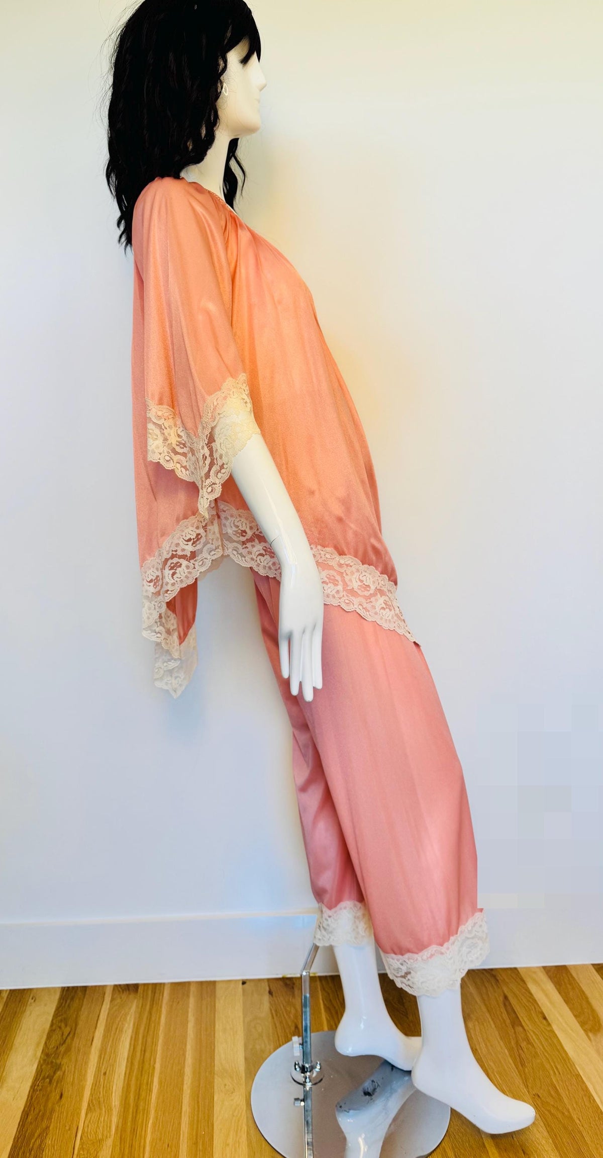 60s Boho Peachy Pink Nylon Lace Off the Shoulder Loungewear PJs