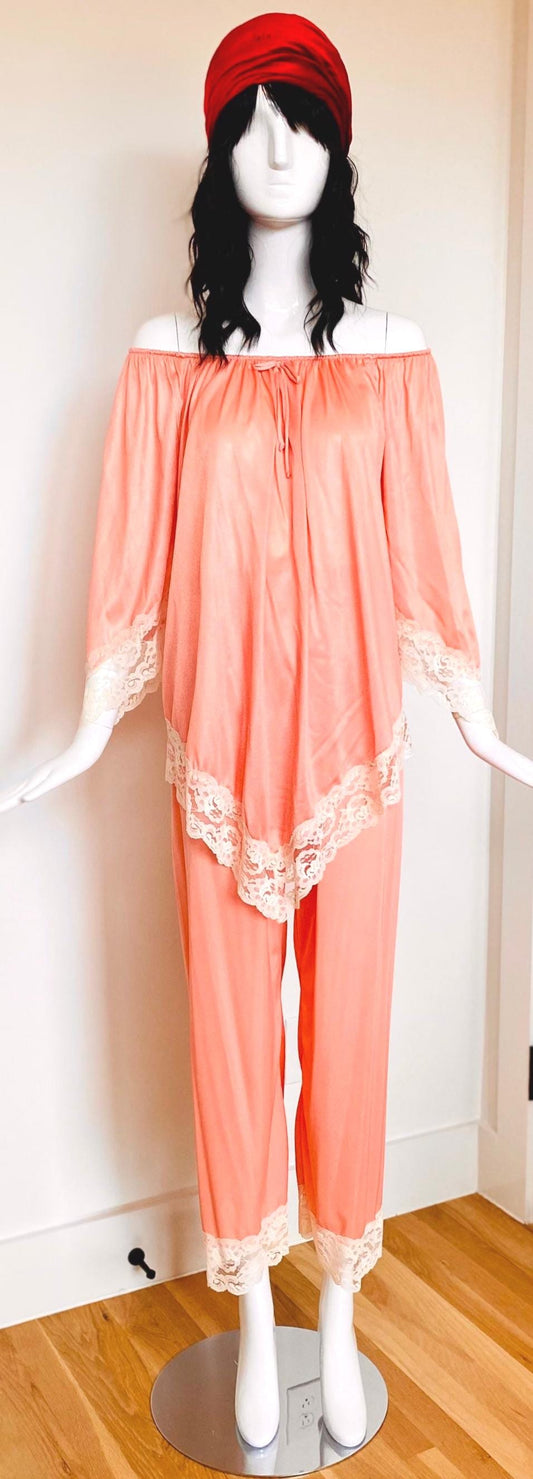 60s Boho Peachy Pink Nylon Lace Off the Shoulder Loungewear PJs