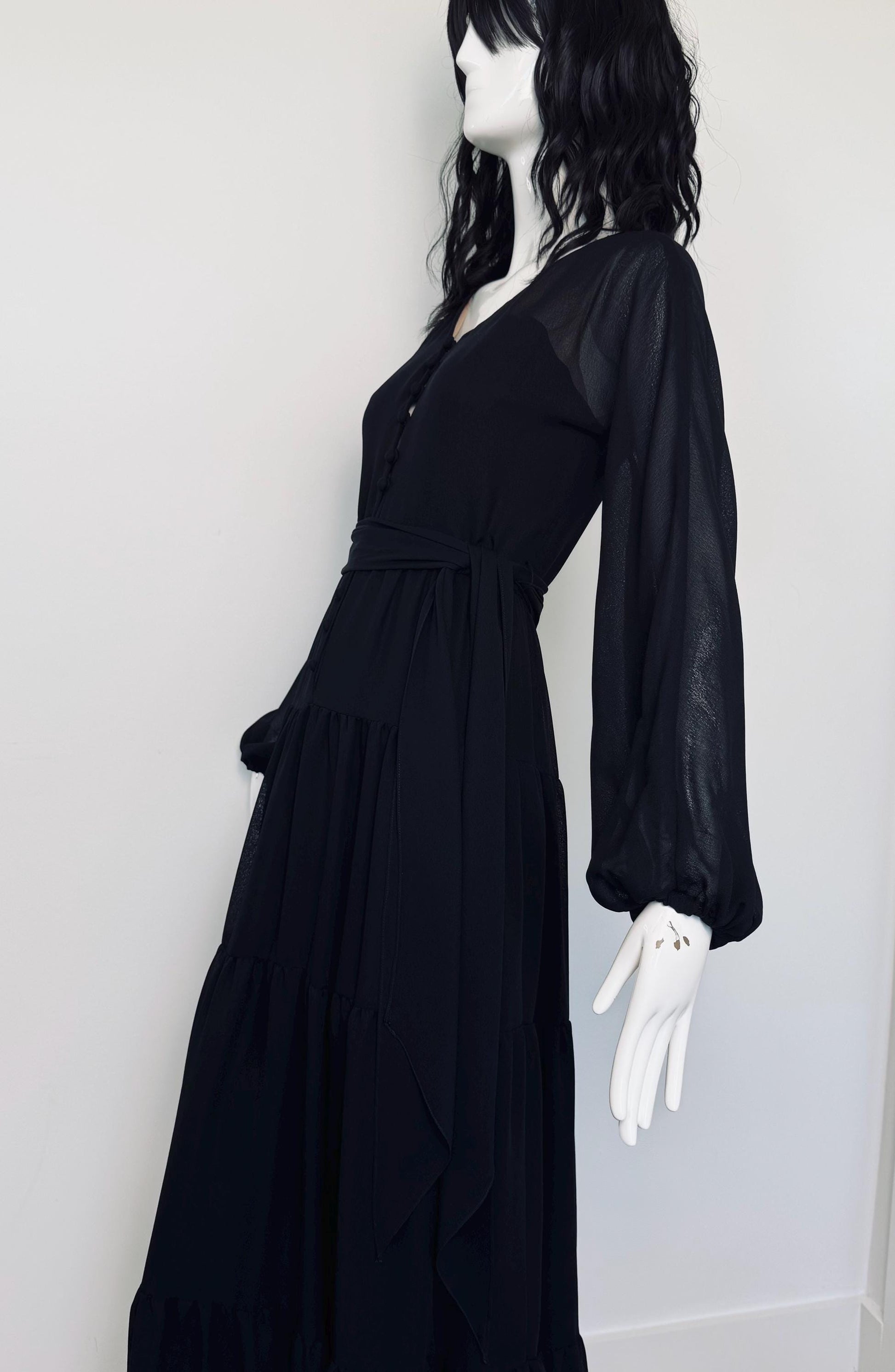 TRAVILLA Bohemian Black Ruffled Gown