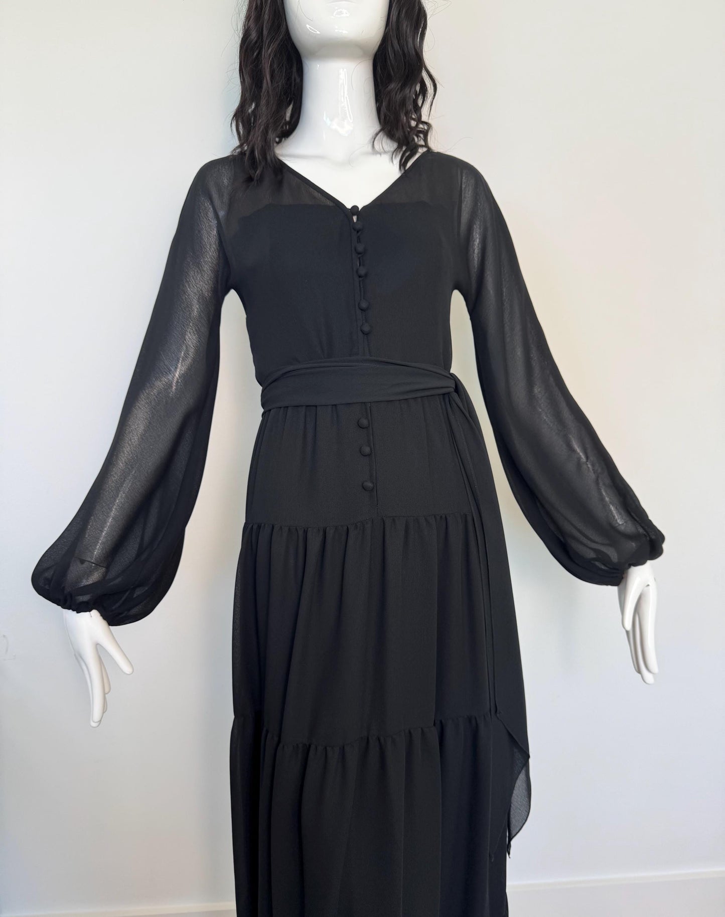 TRAVILLA Bohemian Black Ruffled Gown