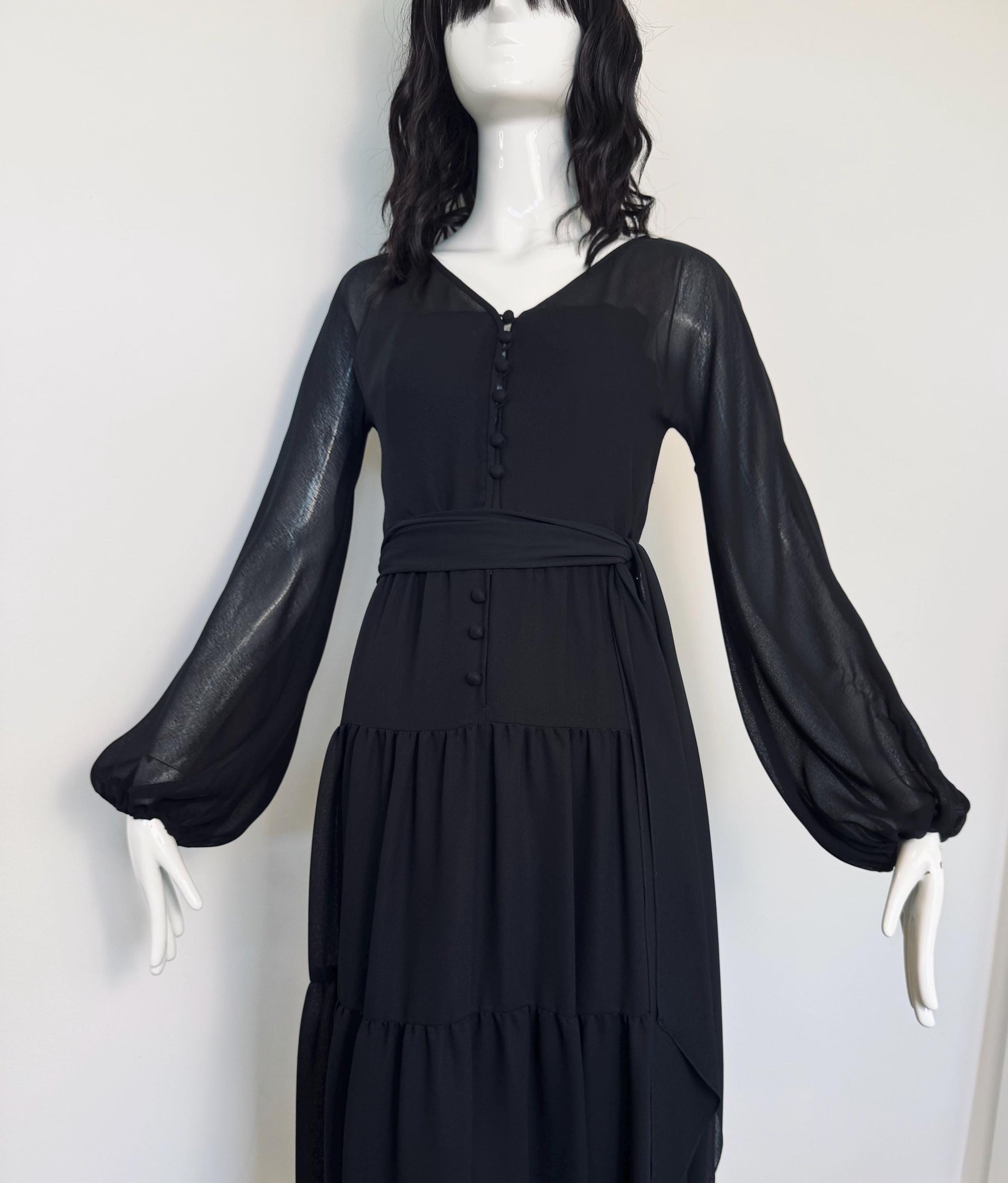 TRAVILLA Bohemian Black Ruffled Gown