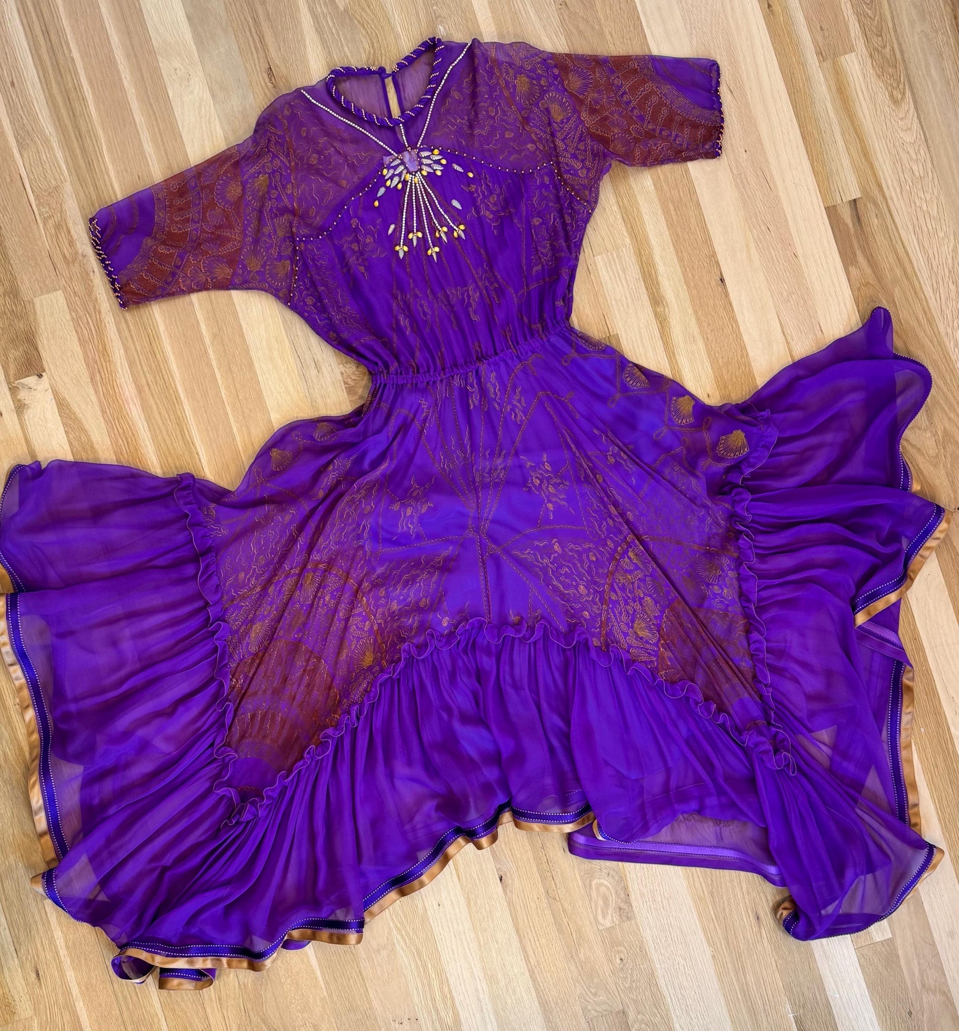 80s Zandra Rhodes Purple Silk Print Dress