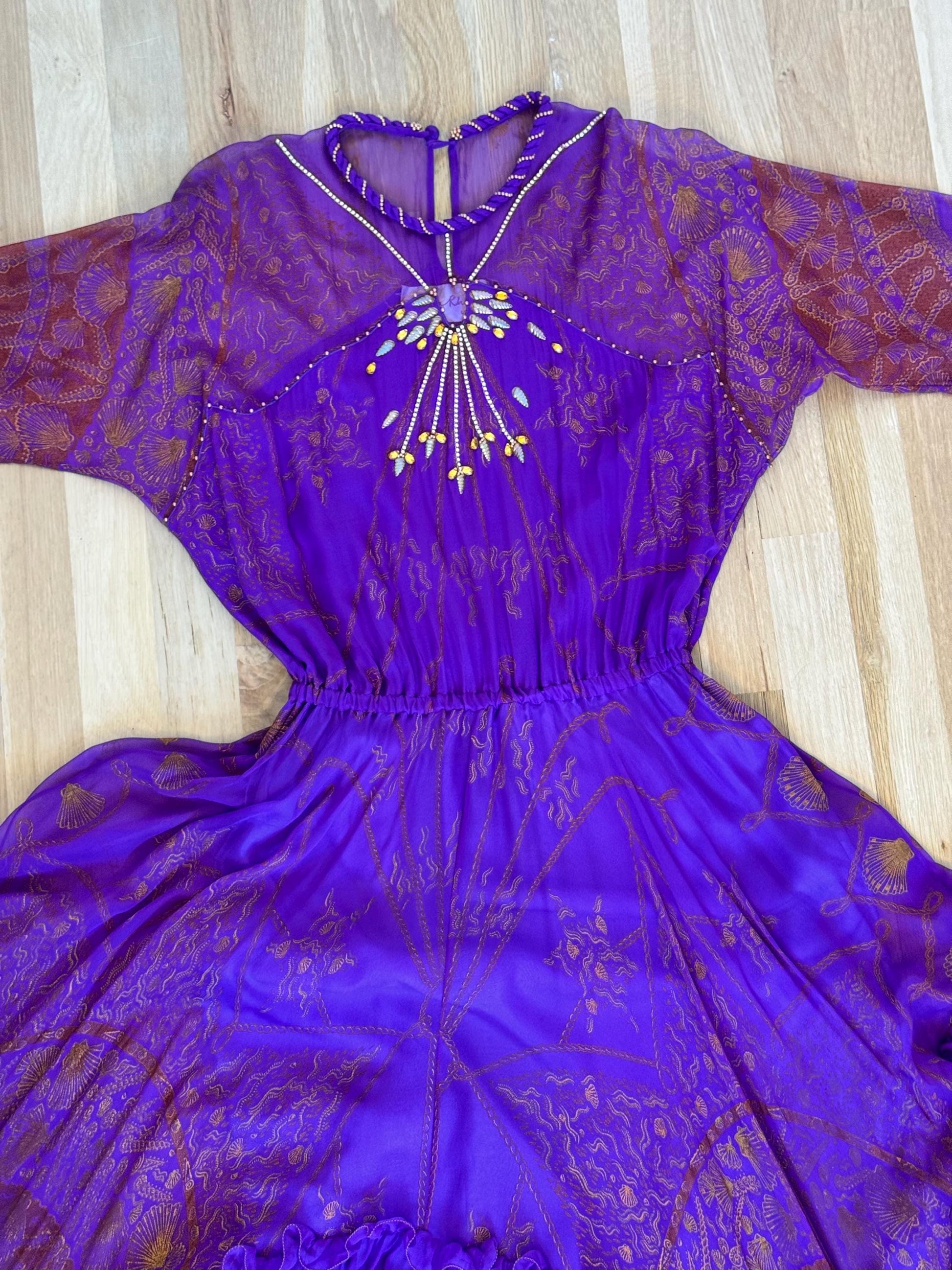80s Zandra Rhodes Purple Silk Print Dress