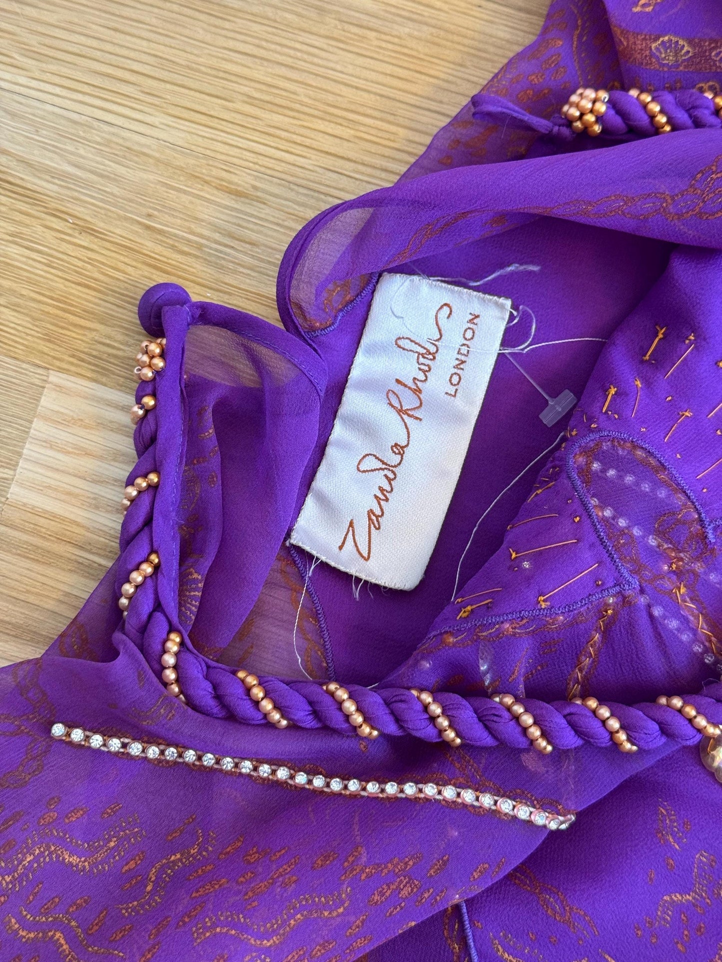 80s Zandra Rhodes Purple Silk Print Dress