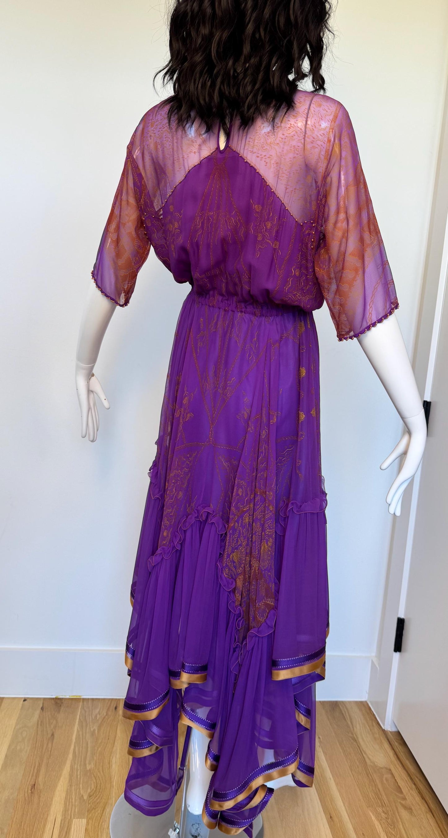80s Zandra Rhodes Purple Silk Print Dress