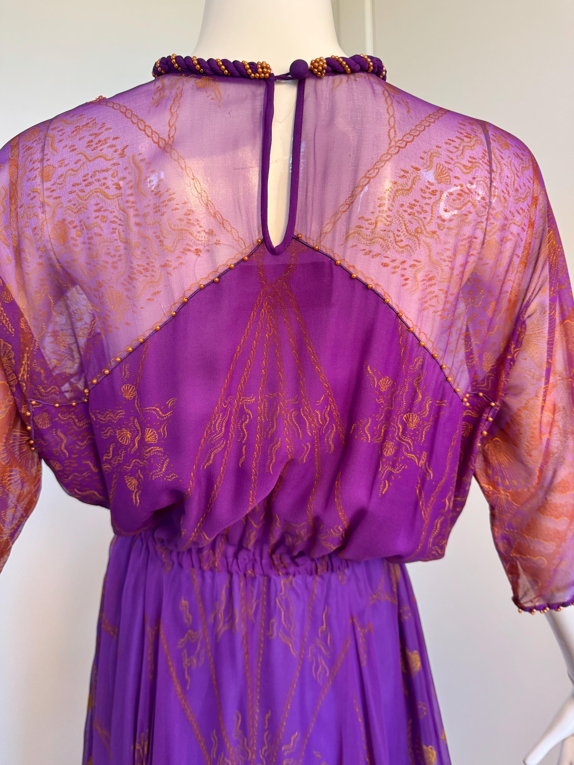 80s Zandra Rhodes Purple Silk Print Dress