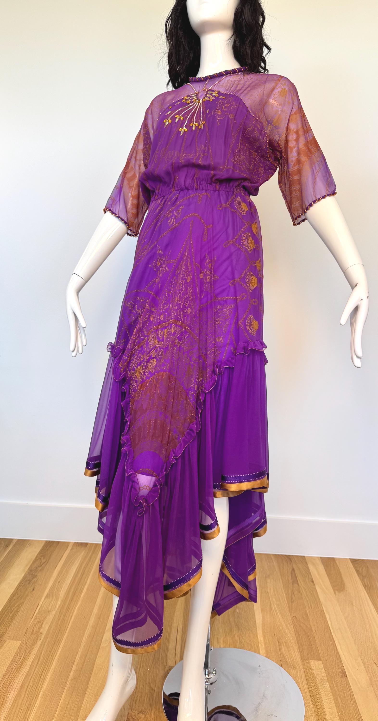 80s Zandra Rhodes Purple Silk Print Dress