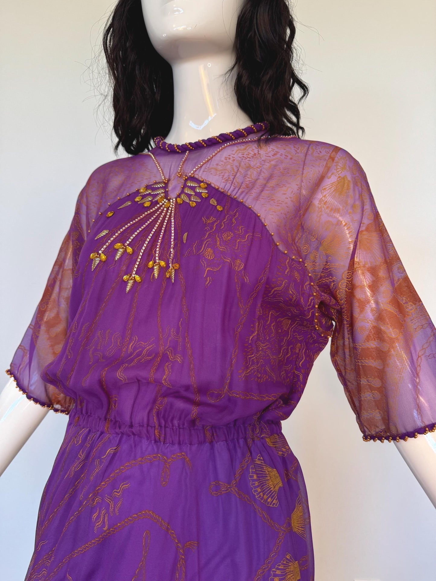 80s Zandra Rhodes Purple Silk Print Dress