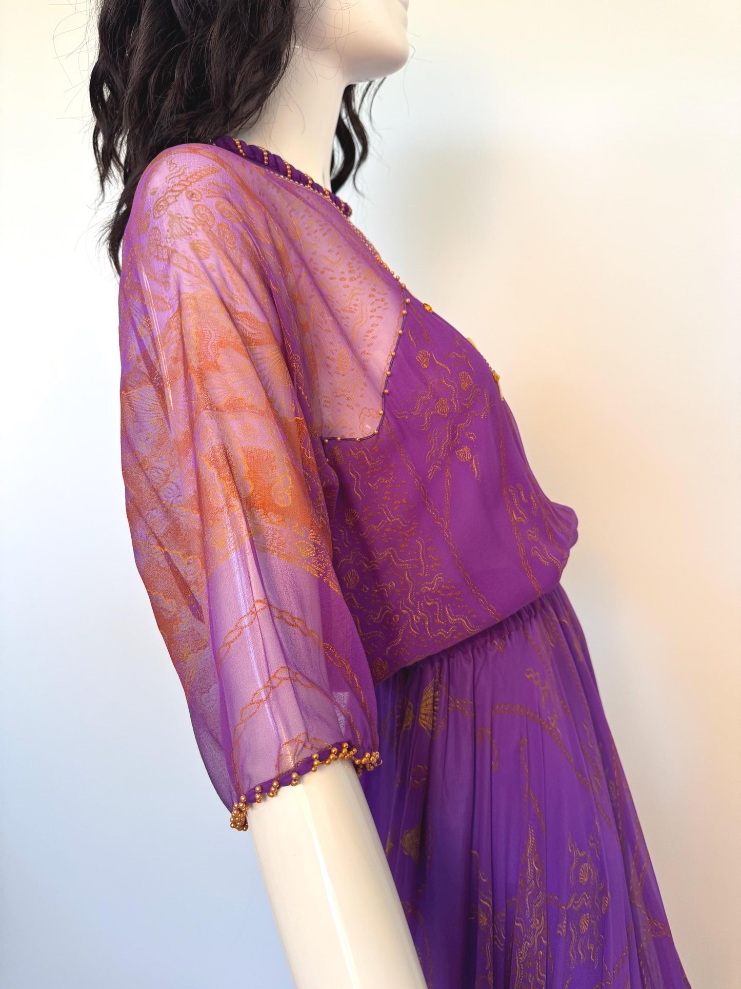 80s Zandra Rhodes Purple Silk Print Dress