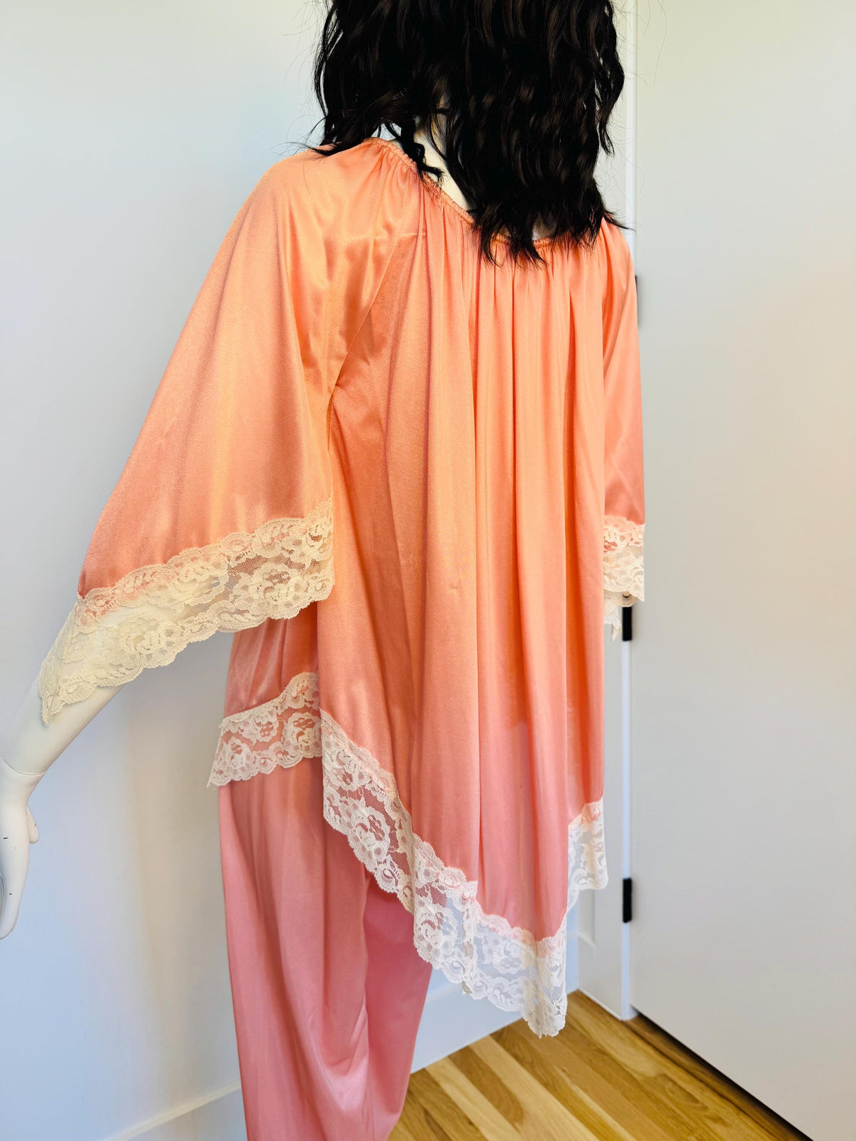 60s Boho Peachy Pink Nylon Lace Off the Shoulder Loungewear PJs