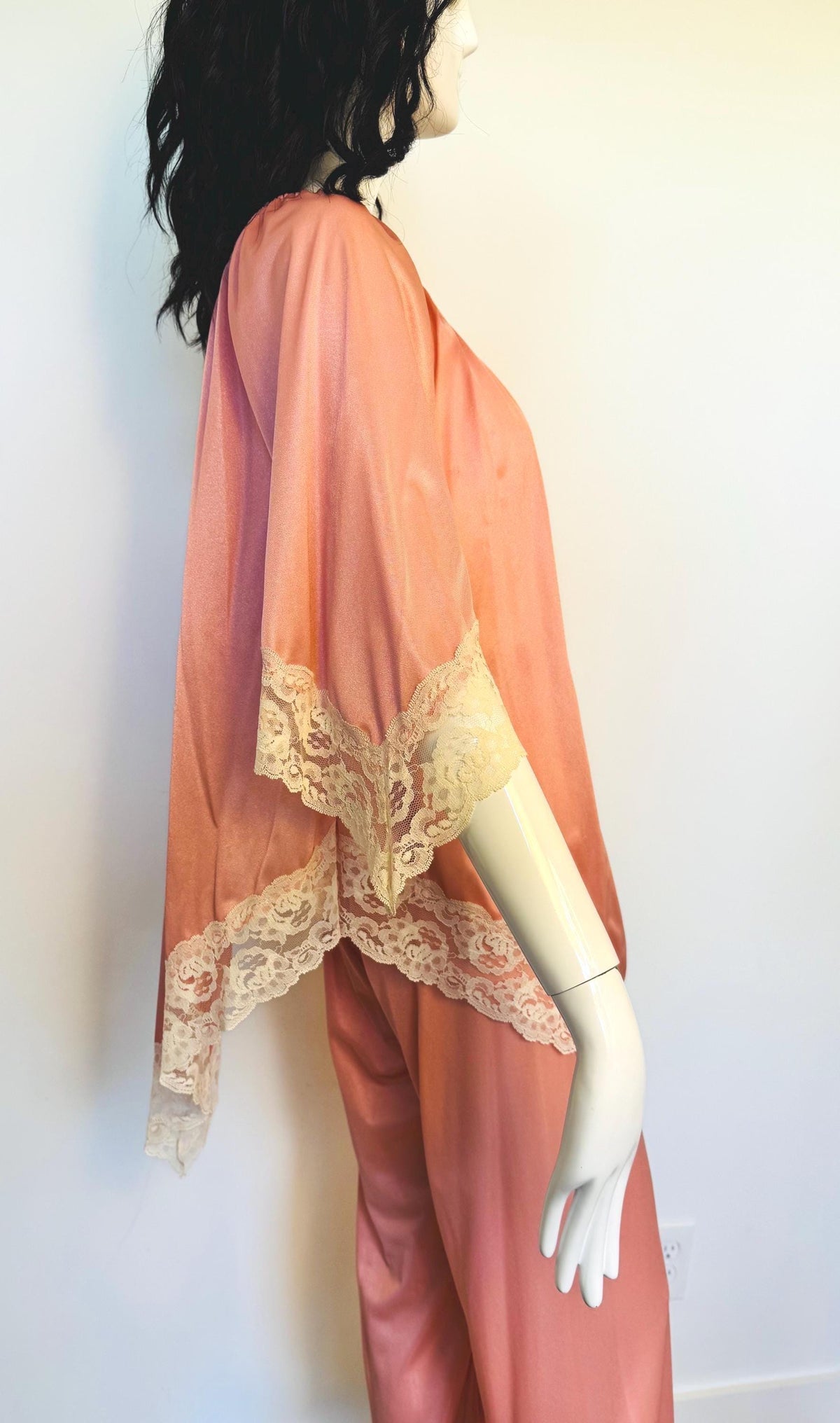 60s Boho Peachy Pink Nylon Lace Off the Shoulder Loungewear PJs