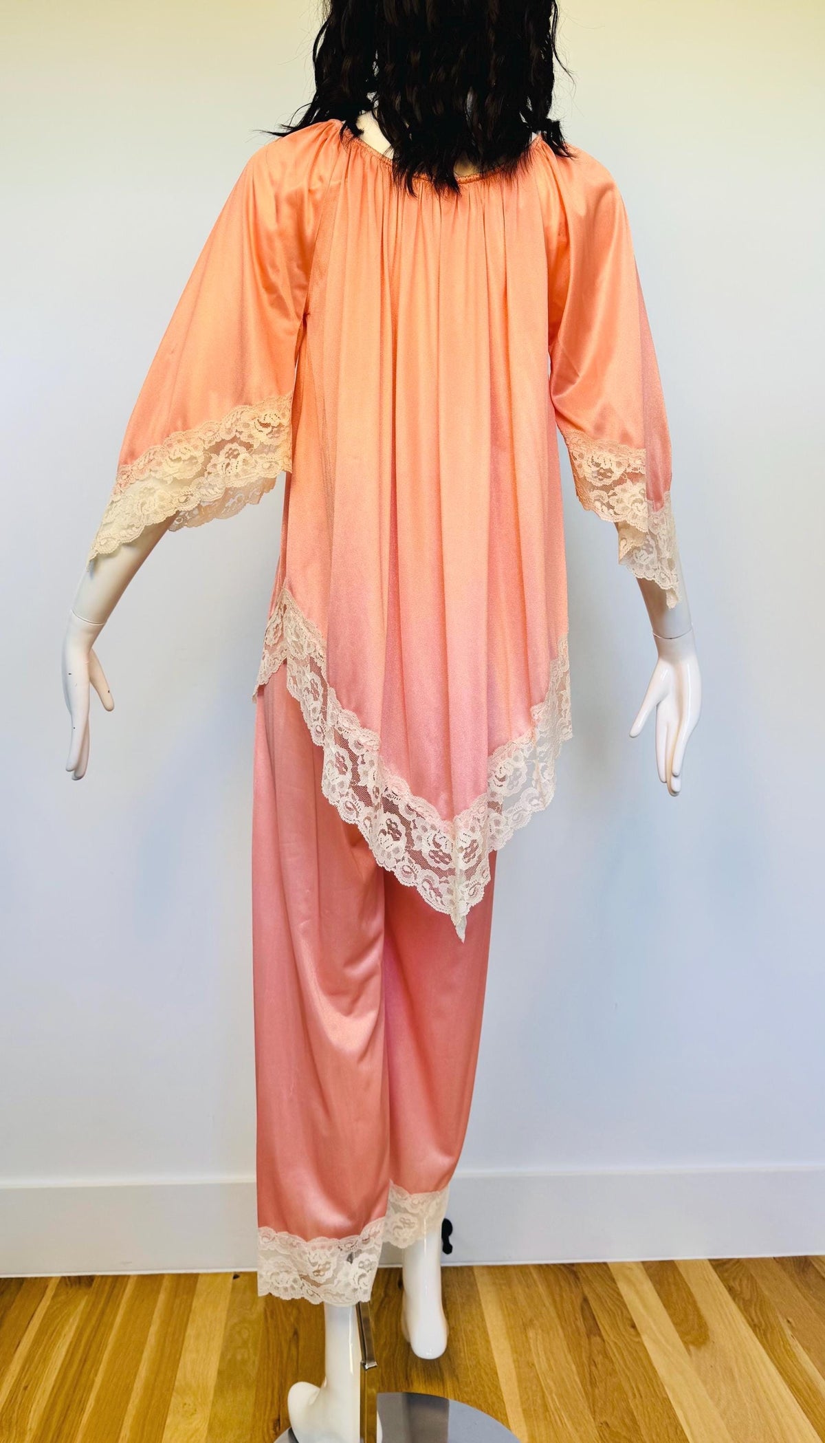 60s Boho Peachy Pink Nylon Lace Off the Shoulder Loungewear PJs