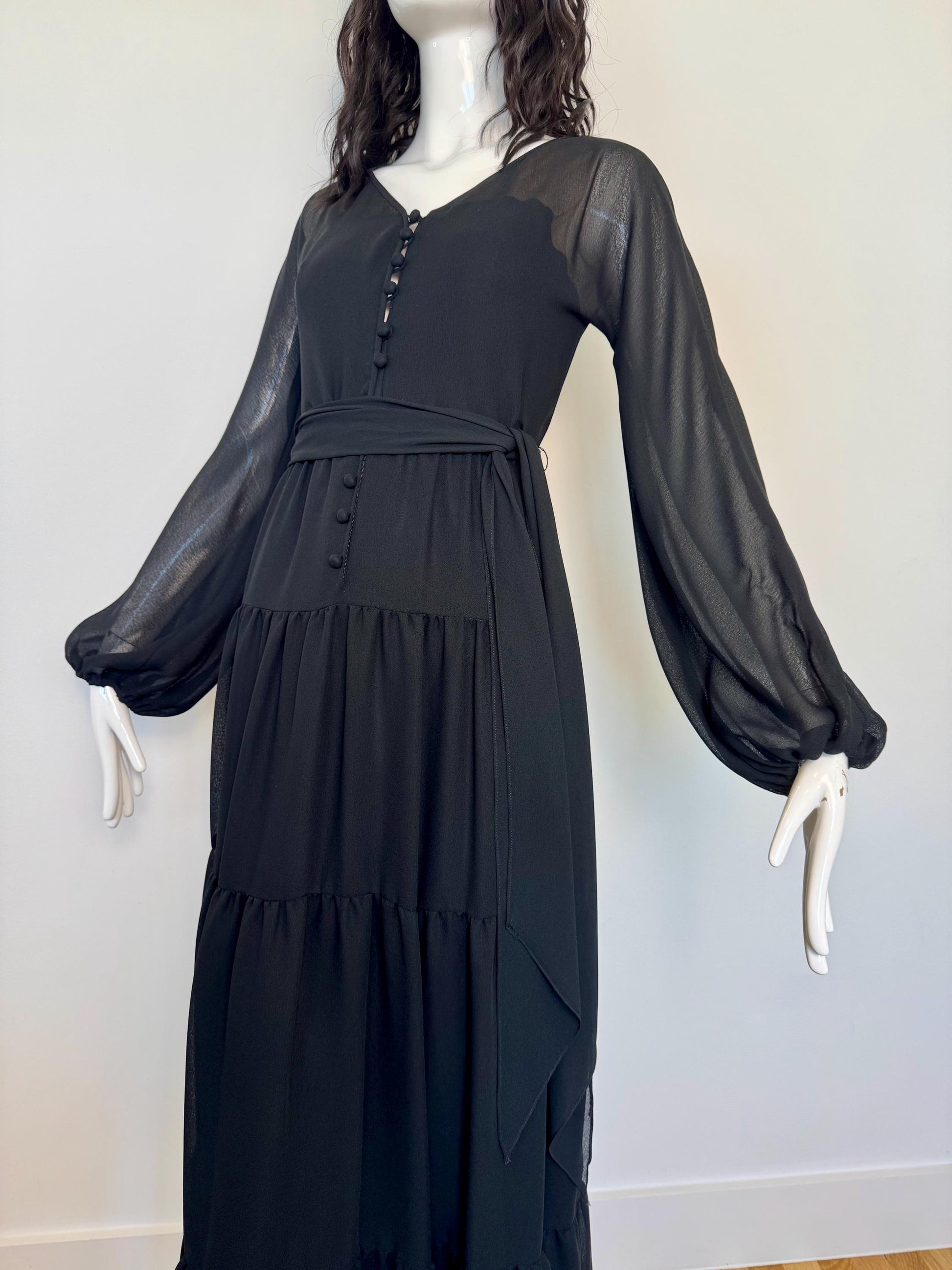 TRAVILLA Bohemian Black Ruffled Gown