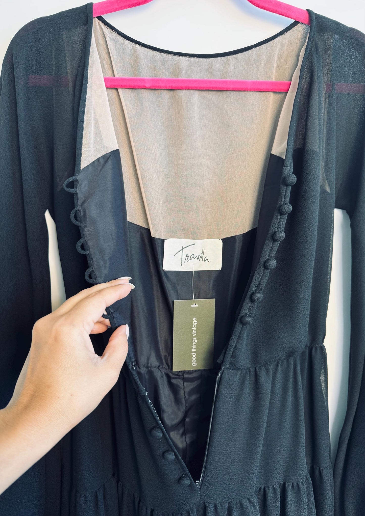 TRAVILLA Bohemian Black Ruffled Gown