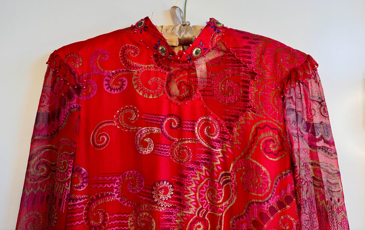 Vintage 80s Red Vibrant Zandra Rhodes Silk Tulle Party Dress Vintage Couture