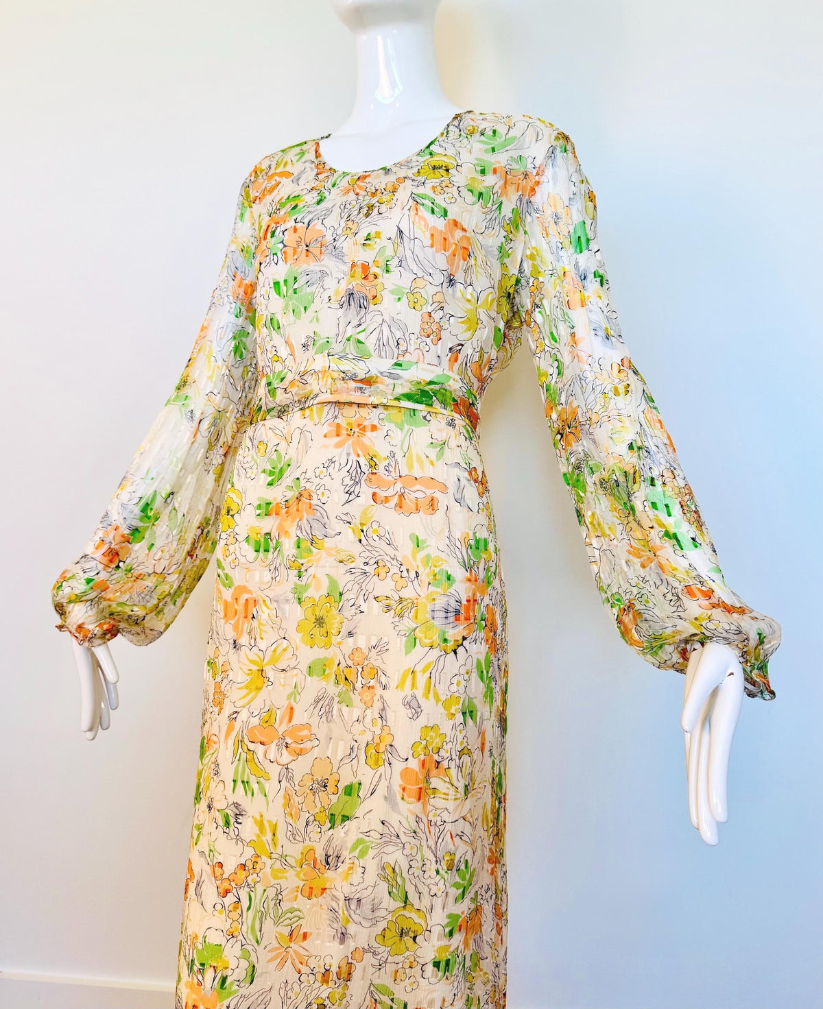 Vintage Silk Chiffon Caftan Gown With Sash