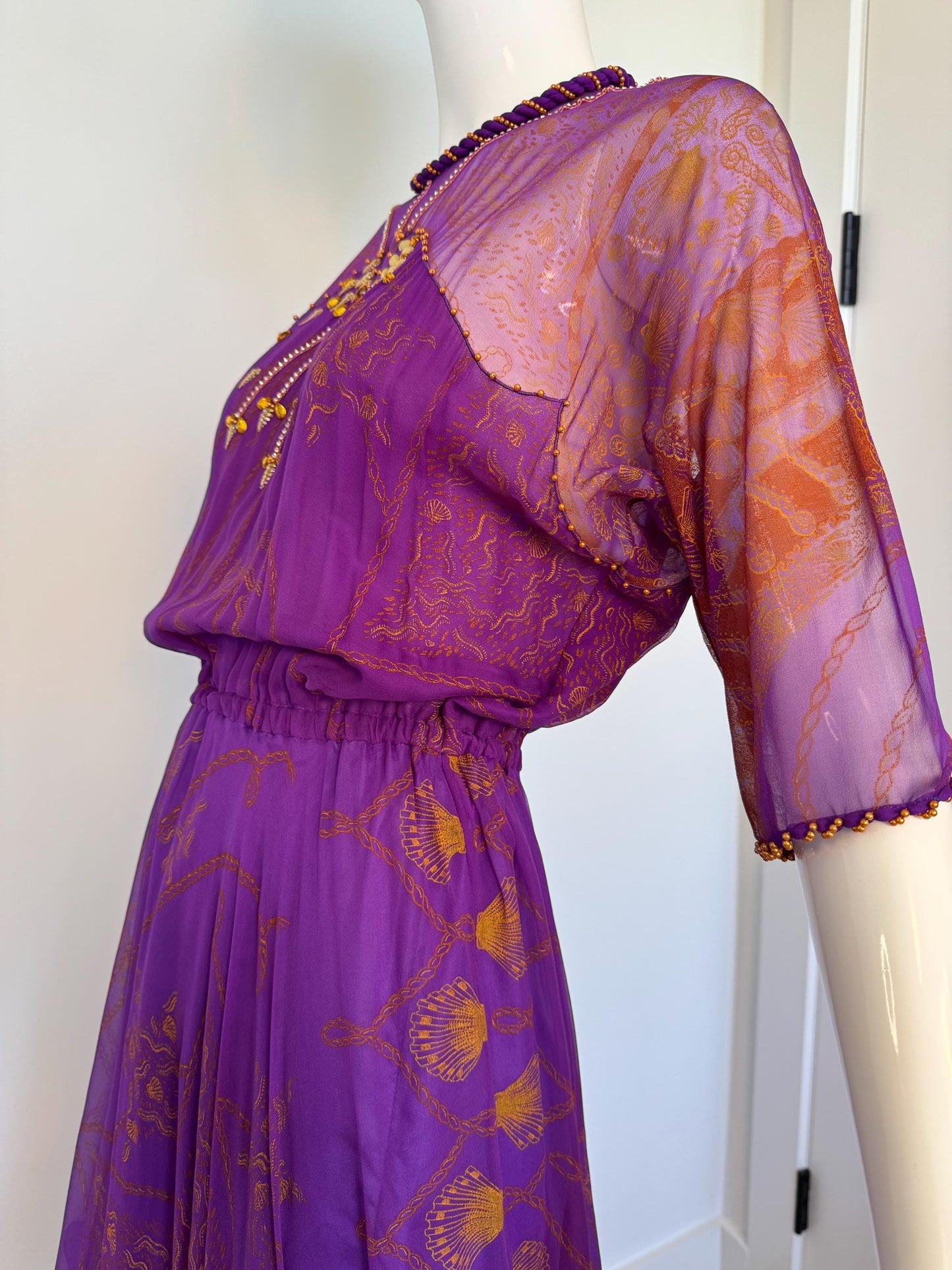 80s Zandra Rhodes Purple Silk Print Dress