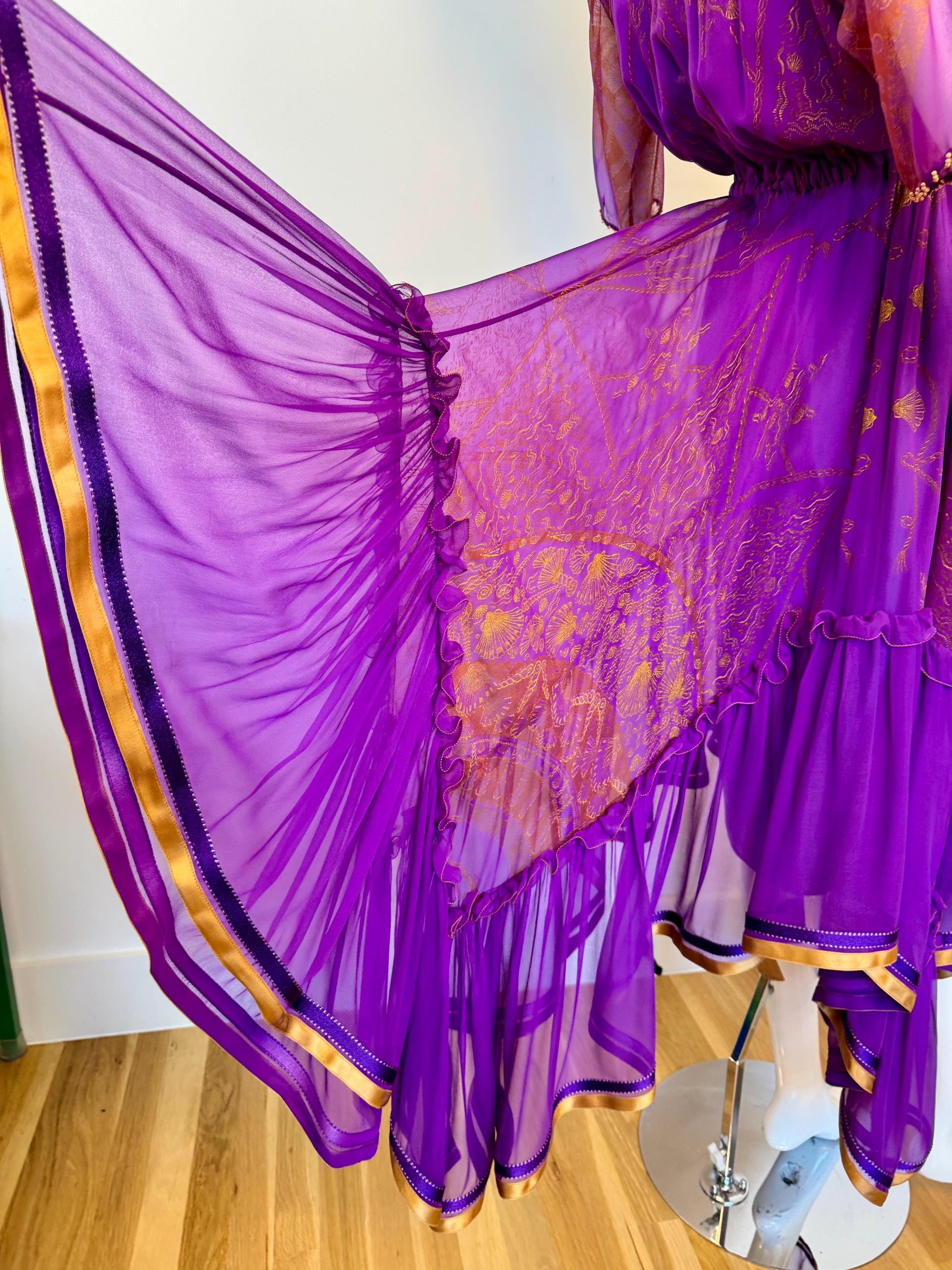 80s Zandra Rhodes Purple Silk Print Dress