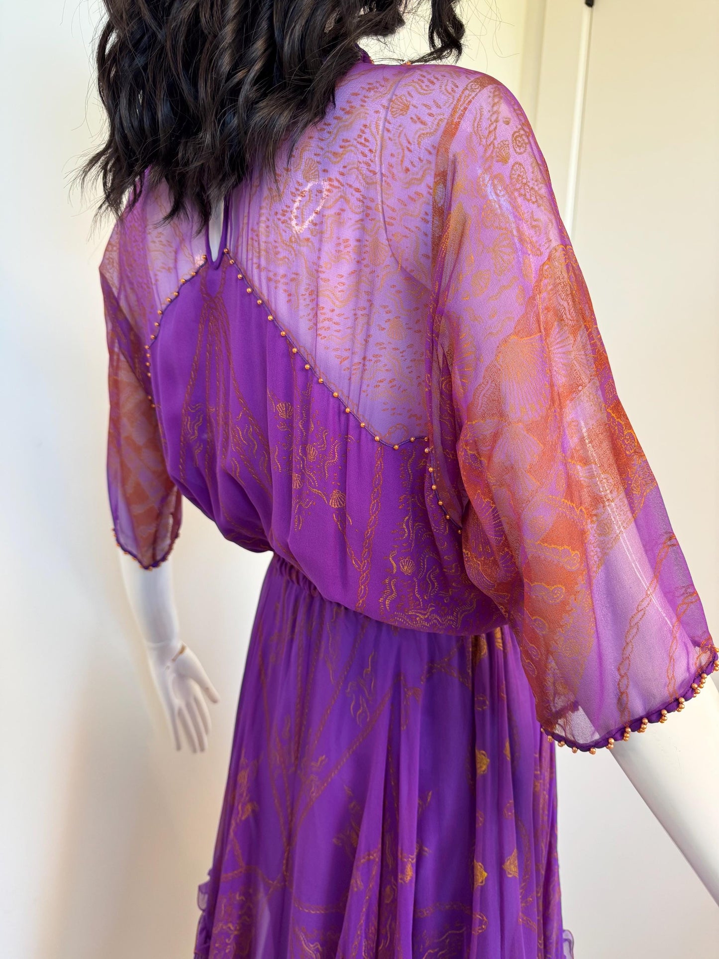 80s Zandra Rhodes Purple Silk Print Dress