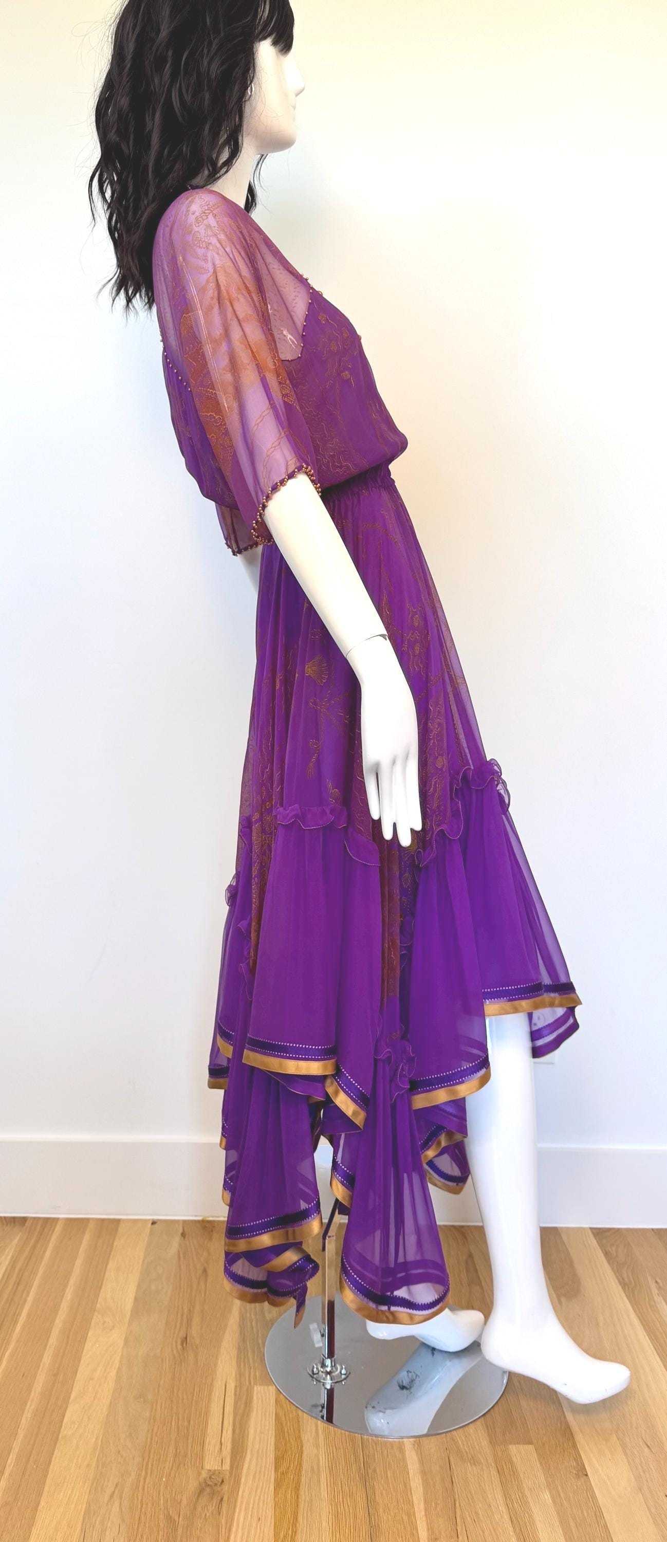80s Zandra Rhodes Purple Silk Print Dress