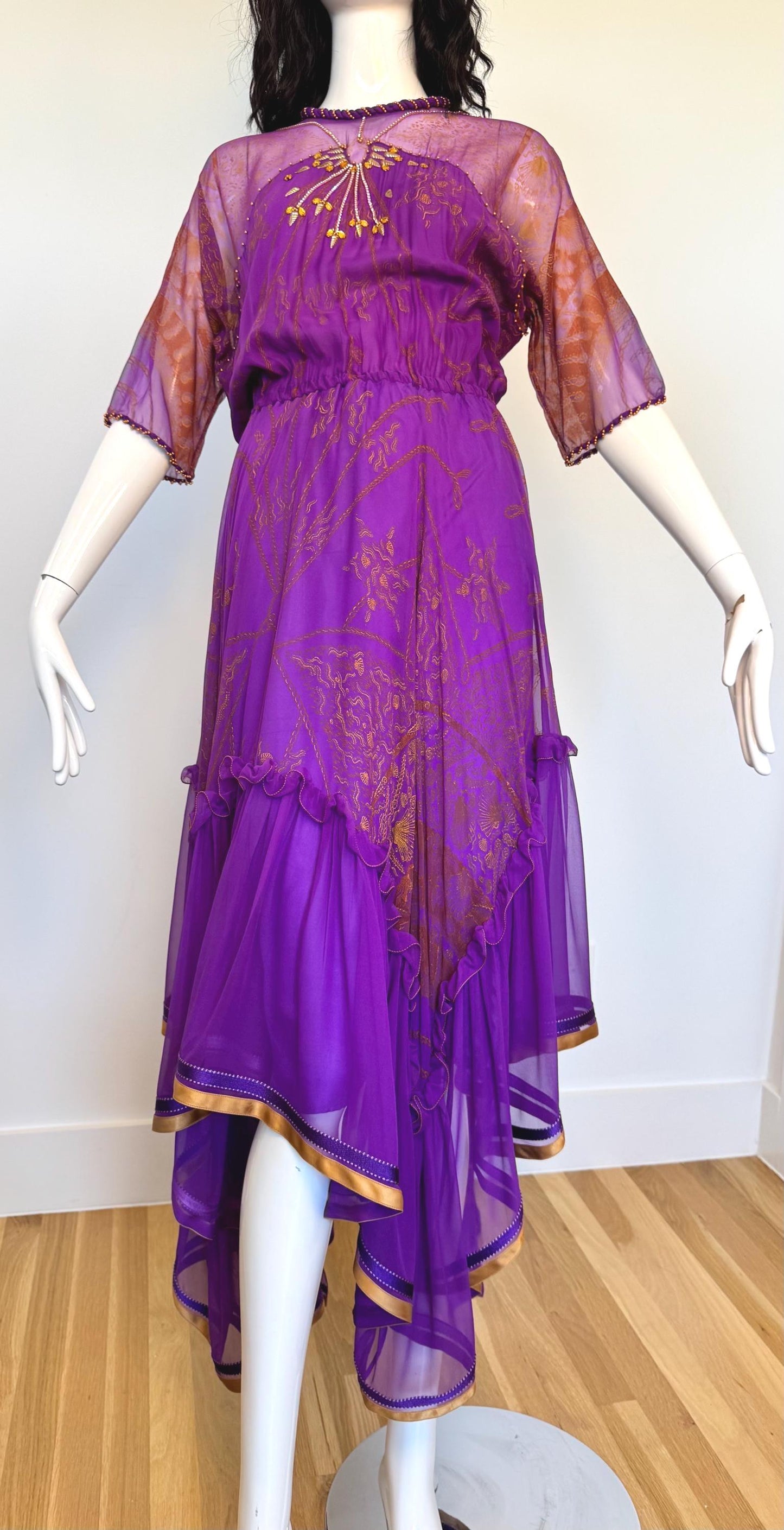 80s Zandra Rhodes Purple Silk Print Dress