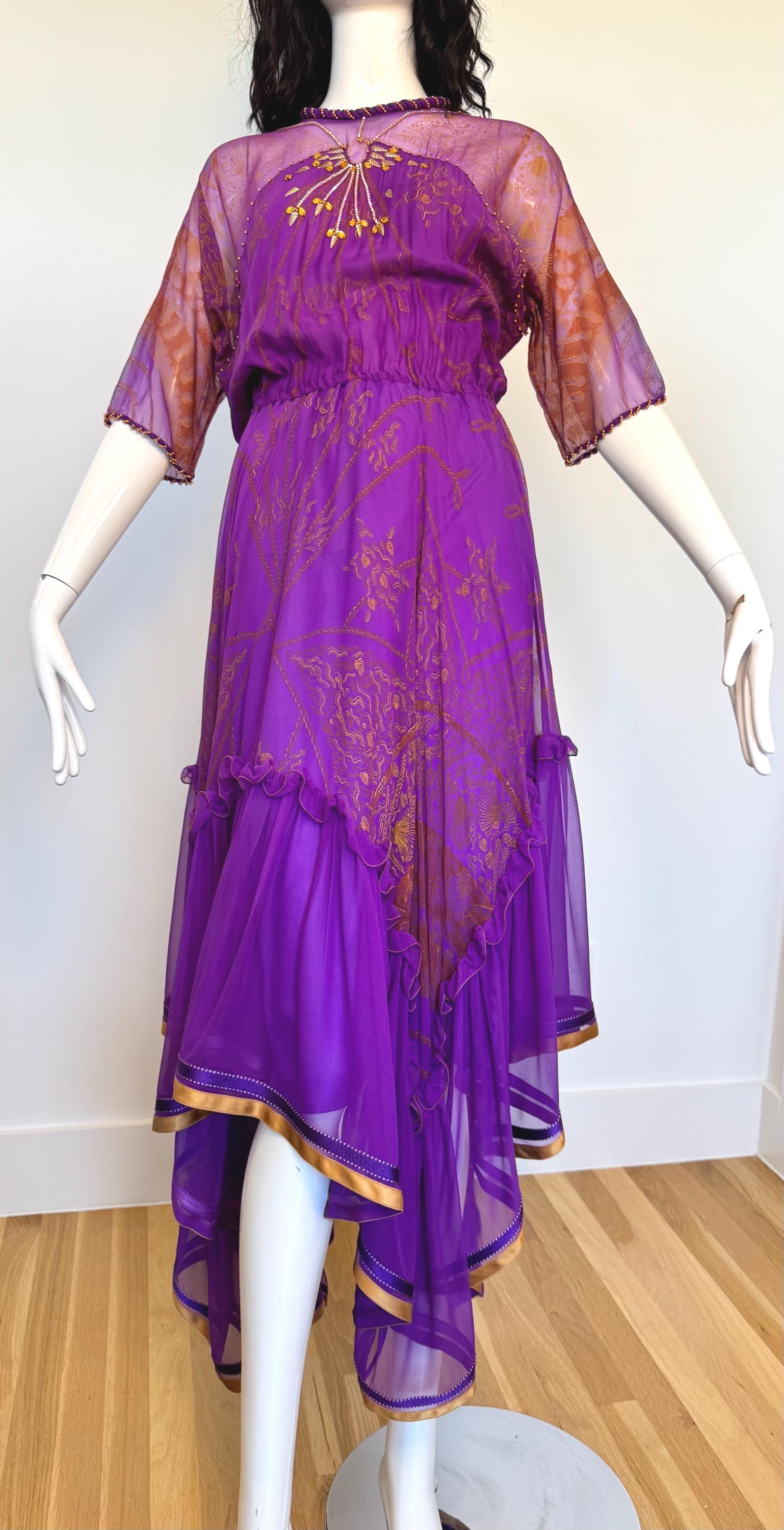 80s Zandra Rhodes Purple Silk Print Dress