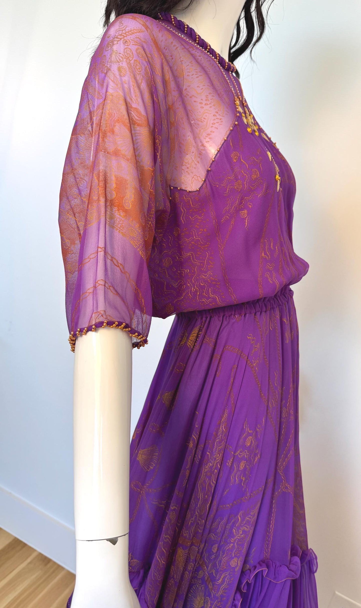 80s Zandra Rhodes Purple Silk Print Dress