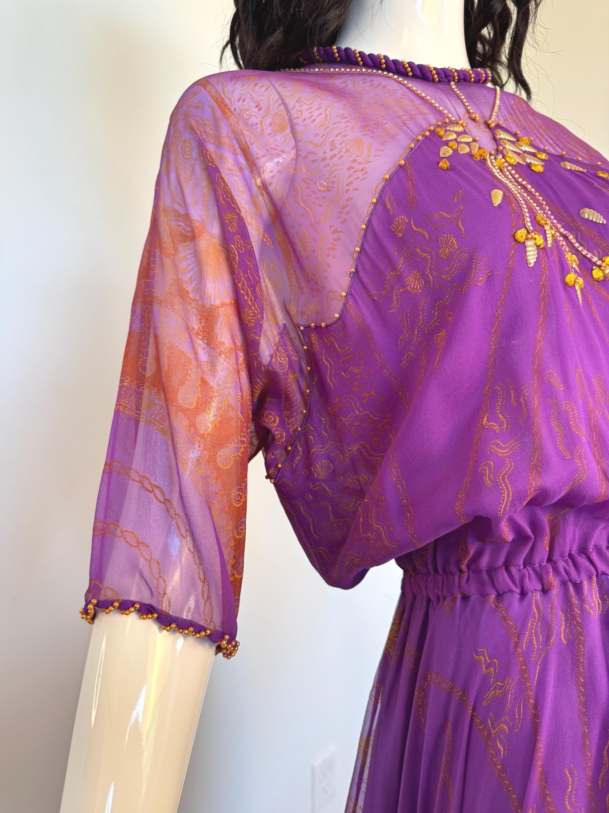 80s Zandra Rhodes Purple Silk Print Dress