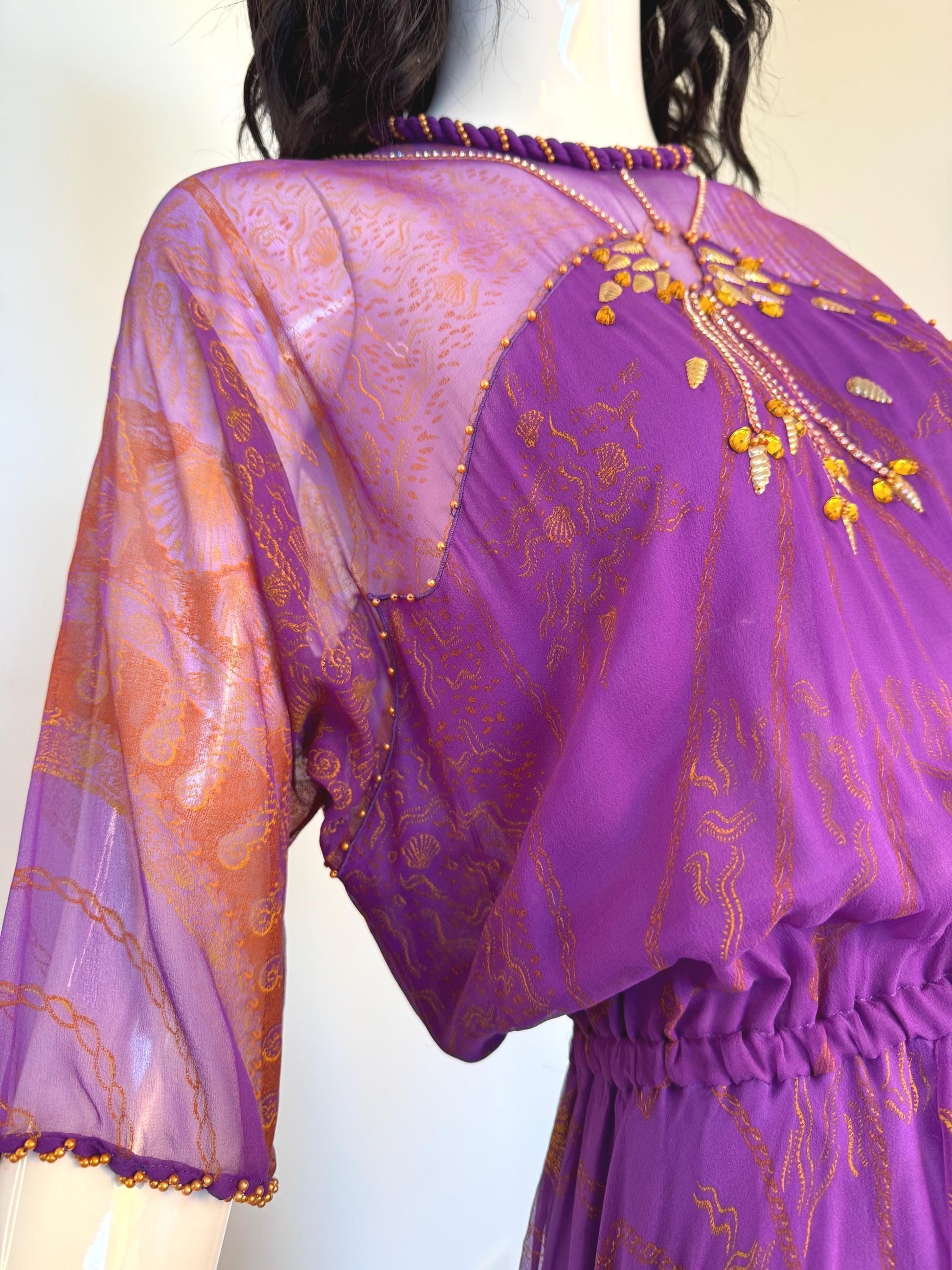 80s Zandra Rhodes Purple Silk Print Dress