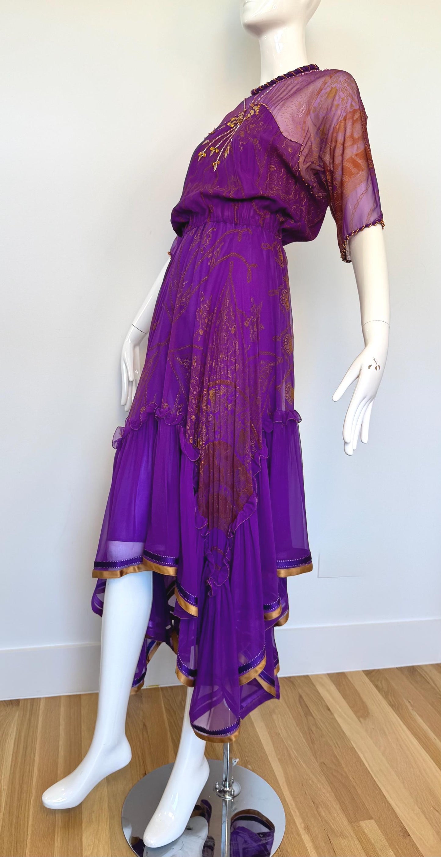 80s Zandra Rhodes Purple Silk Print Dress