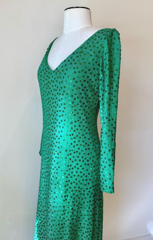 Iconic Mollie Parnis 70s Emerald Green Sequin Gown