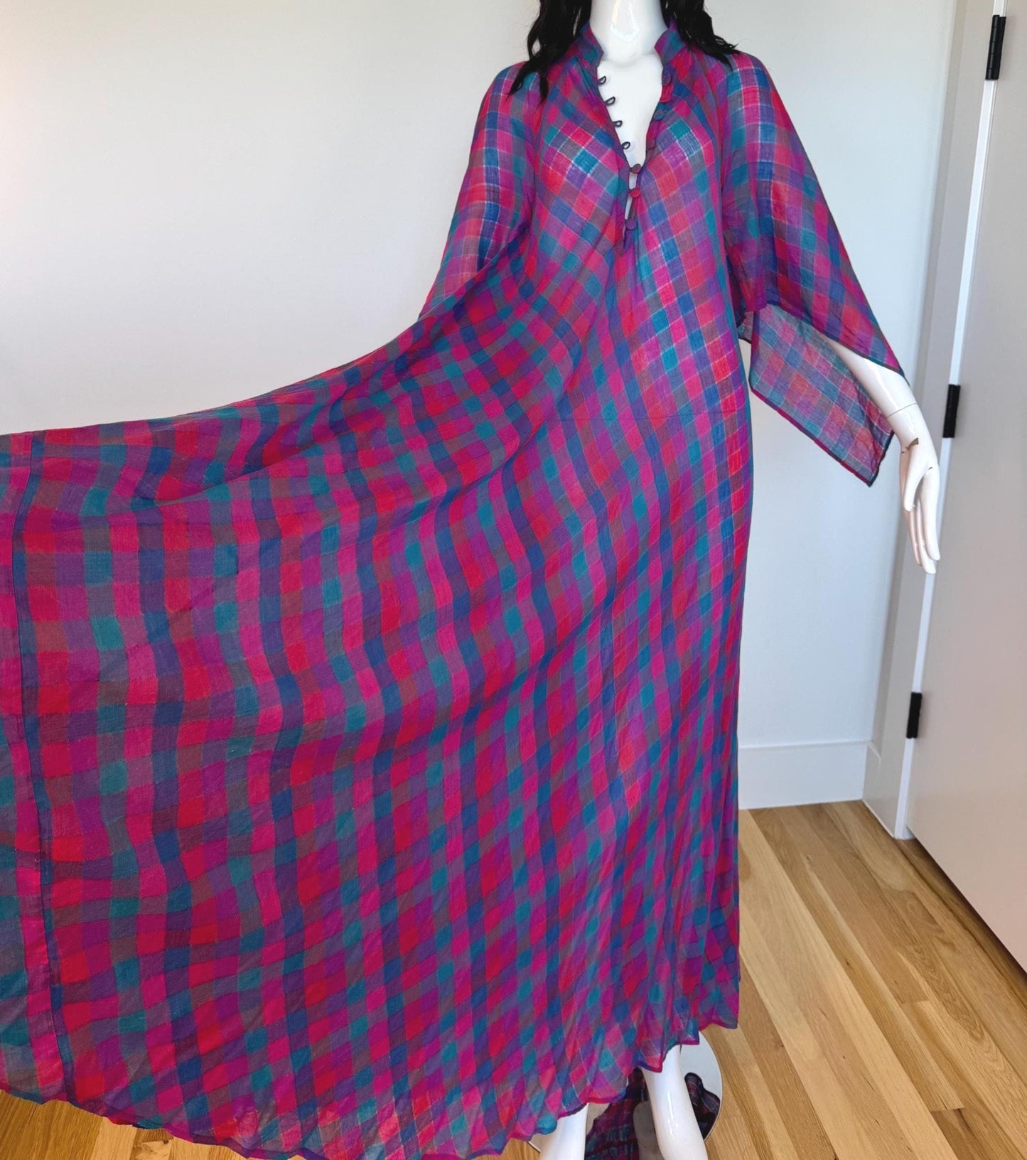 RARE Sultana Adini Cotton Gauze Plaid Caftan