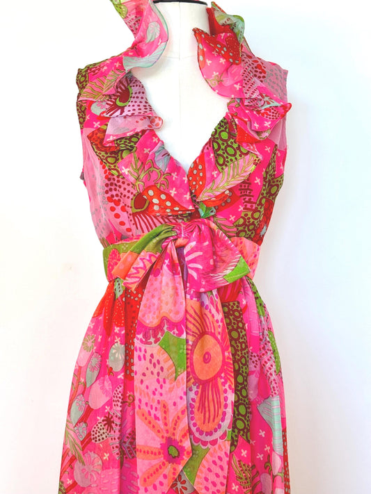 1960s Floral Mollie PARNIS Chiffon Maxi Dress