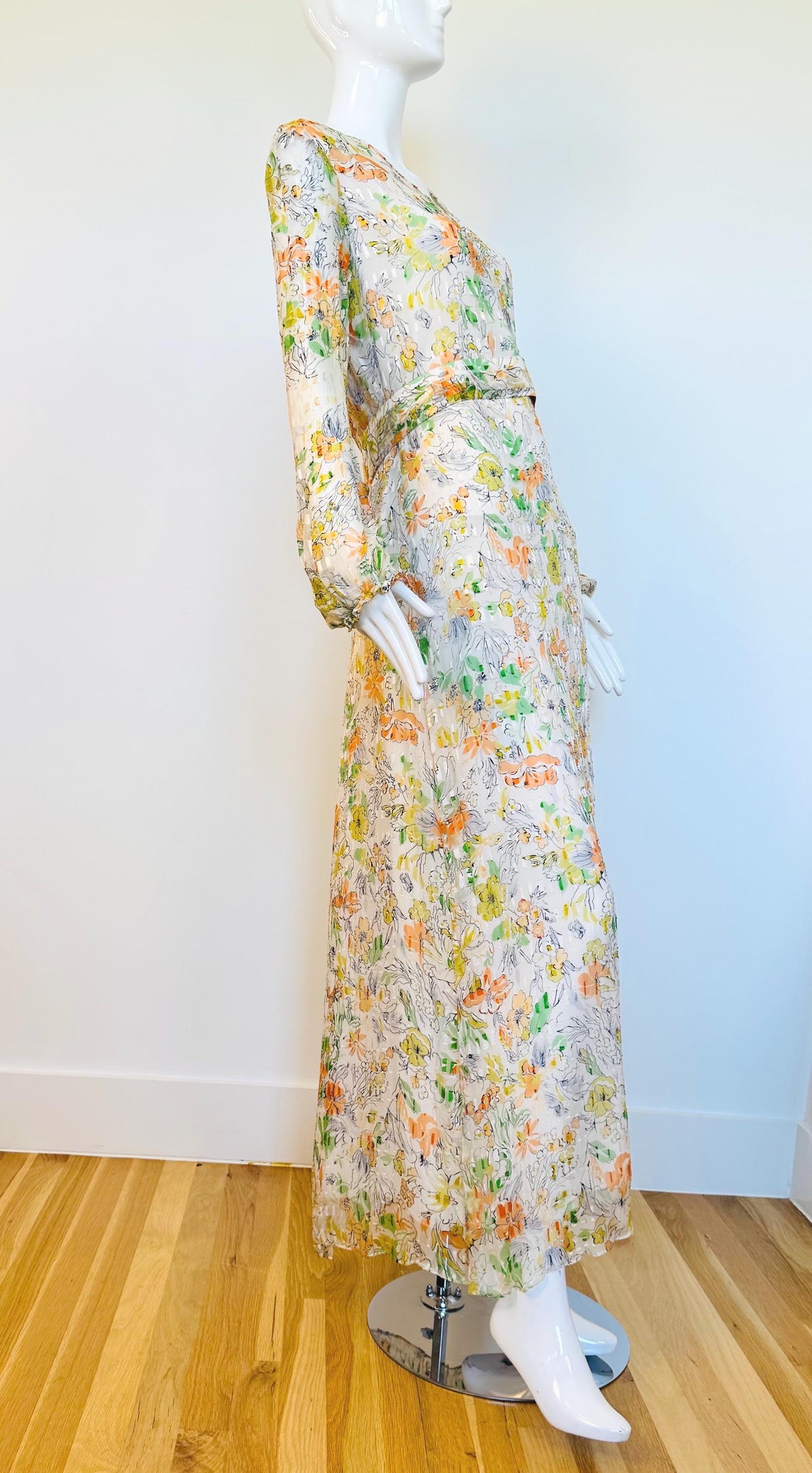 Vintage Silk Chiffon Caftan Gown With Sash