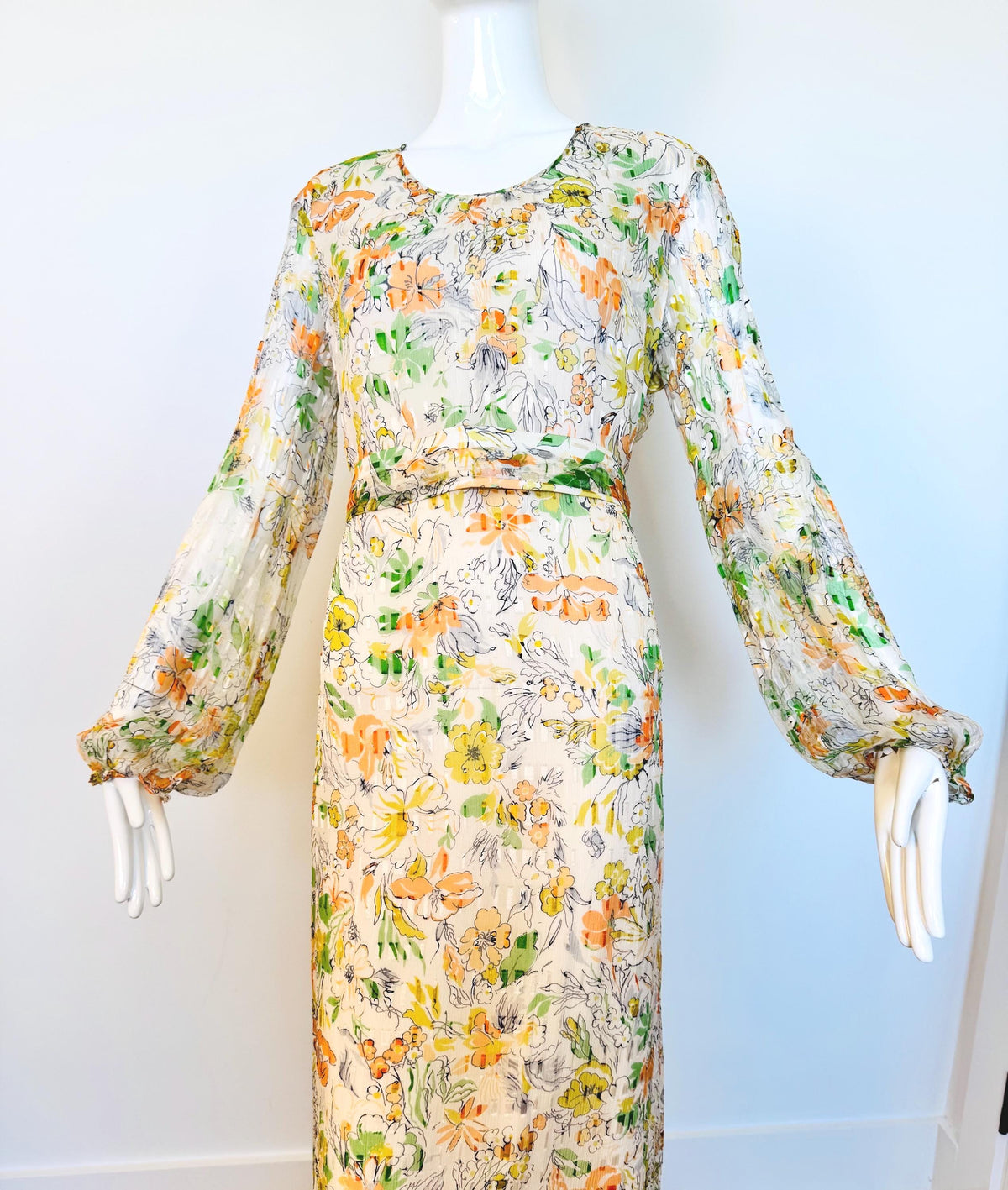Vintage Silk Chiffon Caftan Gown With Sash