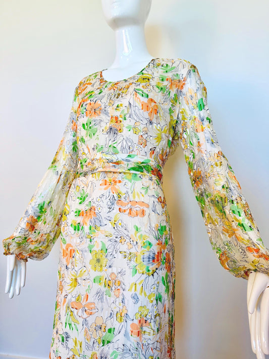 Vintage Silk Chiffon Caftan Gown With Sash