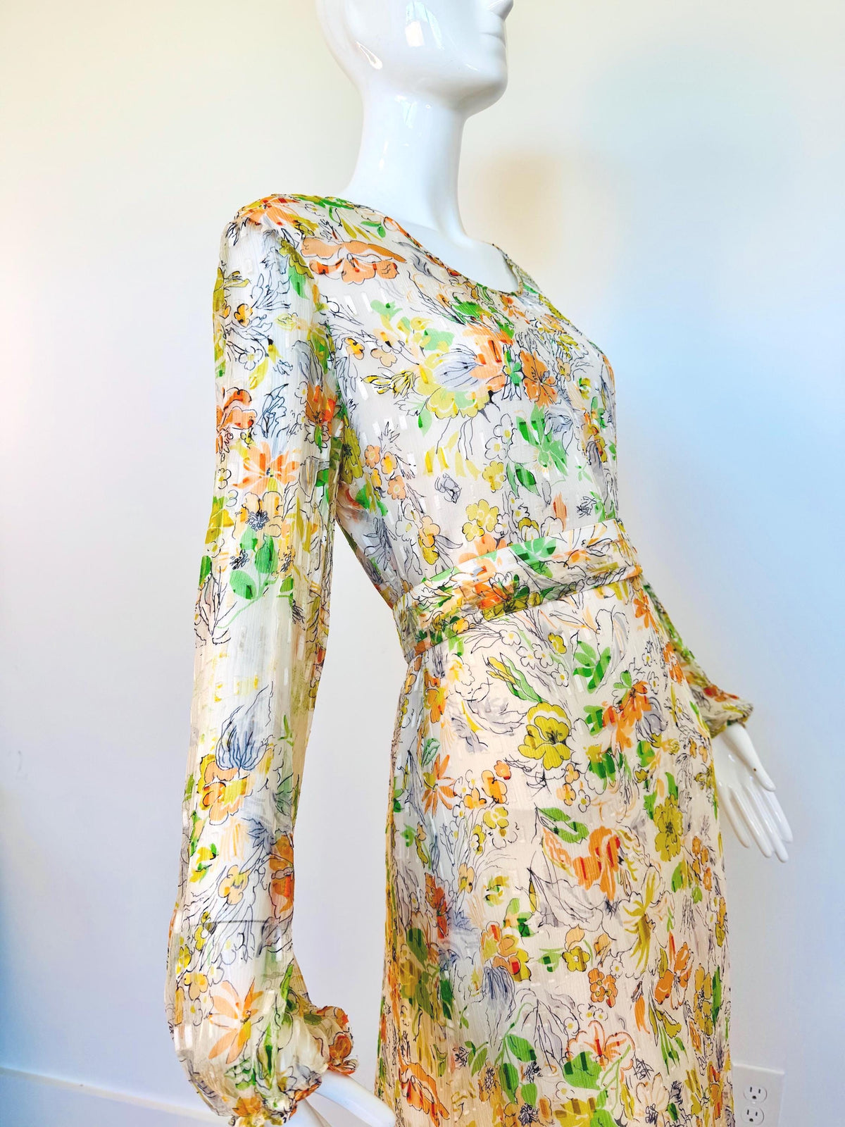 Vintage Silk Chiffon Caftan Gown With Sash