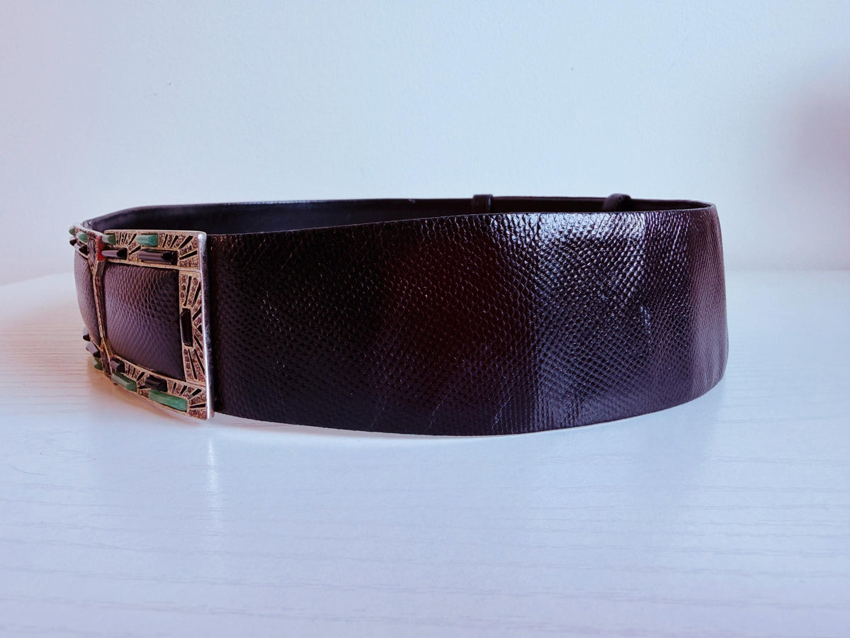 Vintage Judith Leiber Embelished Wide Black Reptile Belt