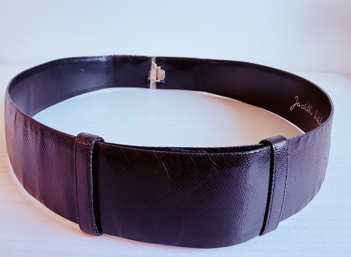 Vintage Judith Leiber Embelished Wide Black Reptile Belt