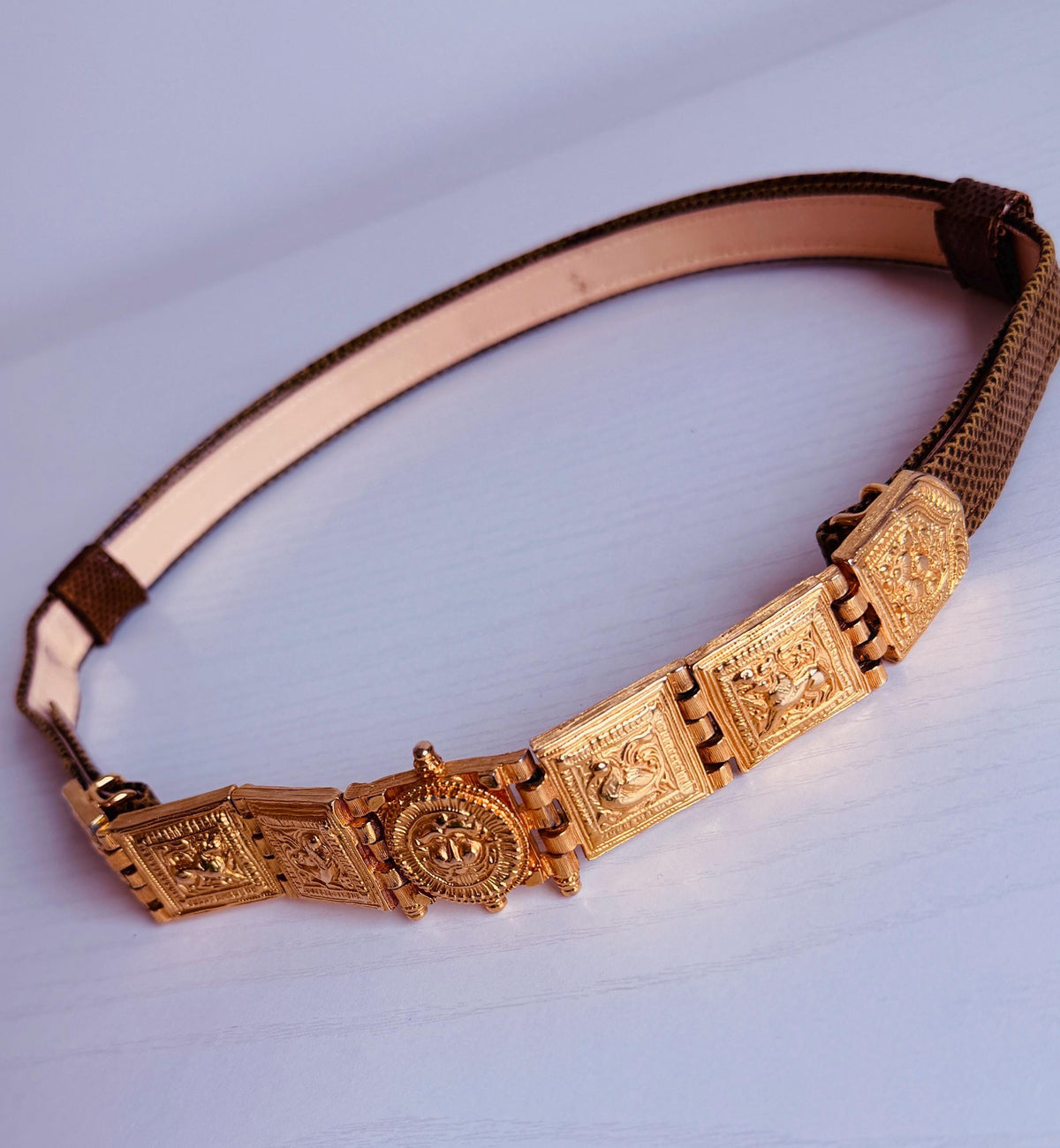 Vintage Disco Era Alexis Kirk Gold Plated Skinny Reptile Belt