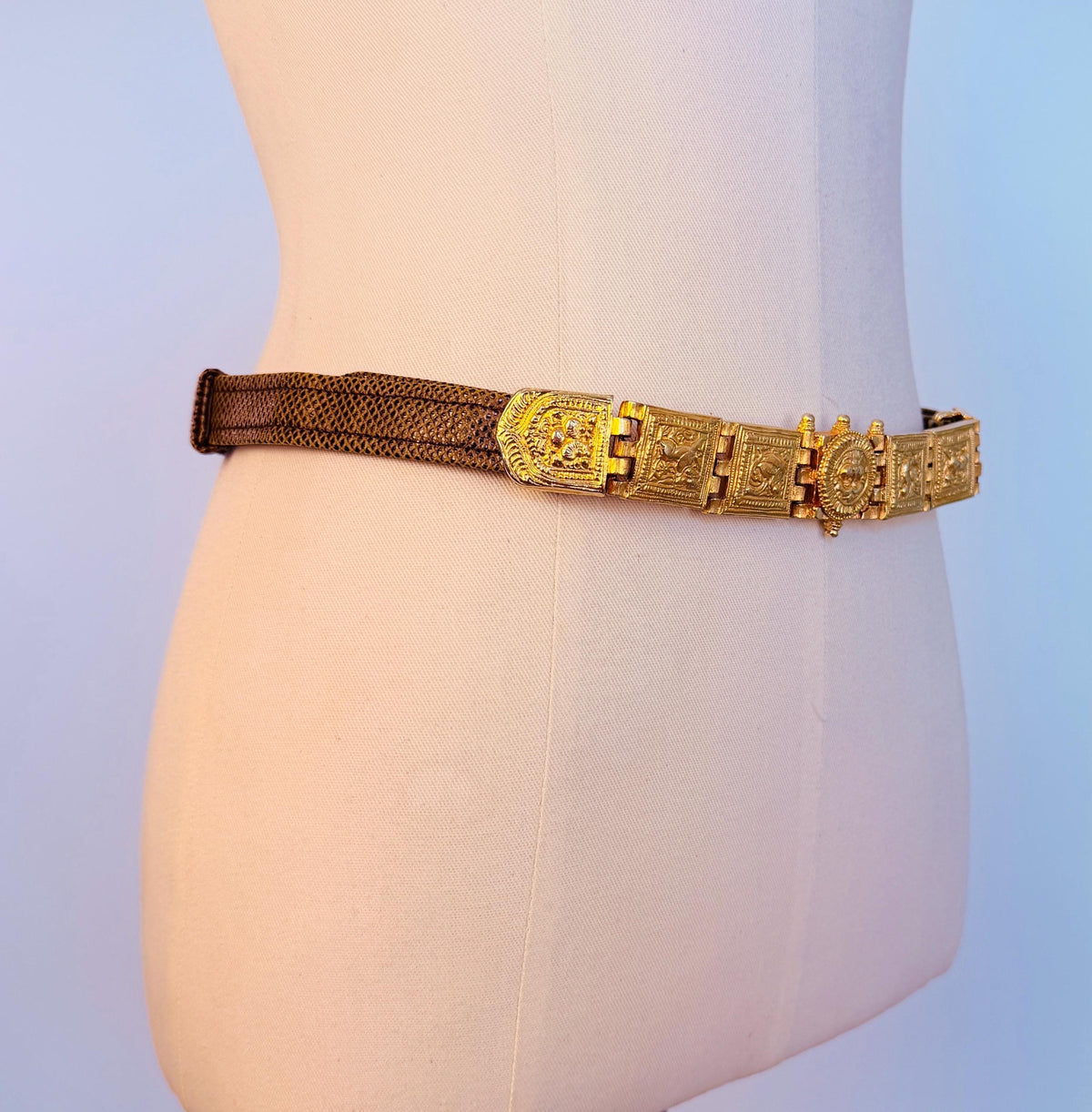 Vintage Disco Era Alexis Kirk Gold Plated Skinny Reptile Belt