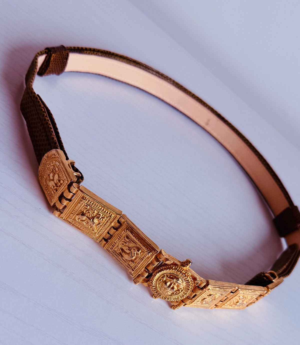 Vintage Disco Era Alexis Kirk Gold Plated Skinny Reptile Belt