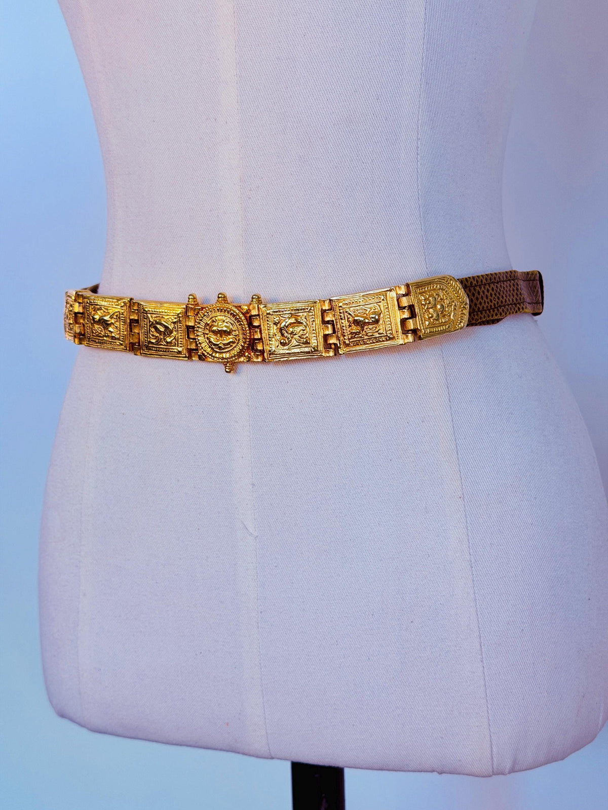 Vintage Disco Era Alexis Kirk Gold Plated Skinny Reptile Belt
