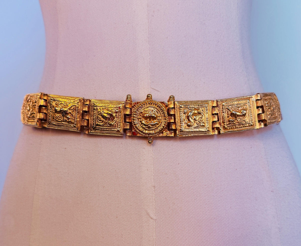 Vintage Disco Era Alexis Kirk Gold Plated Skinny Reptile Belt
